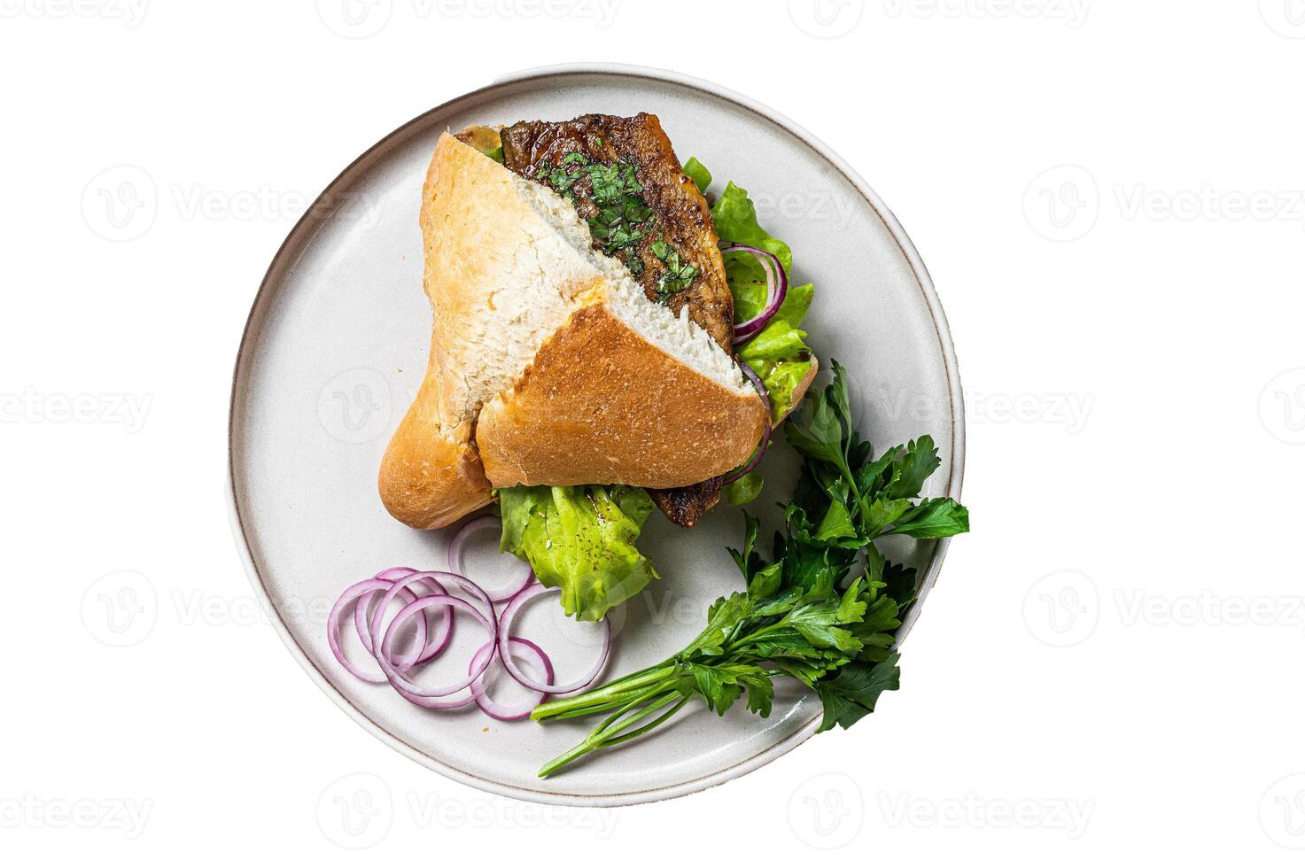Balik Ekmek Turkish fish sandwich with grilled mackerel fillet in a bun. Isolated on white background. photo