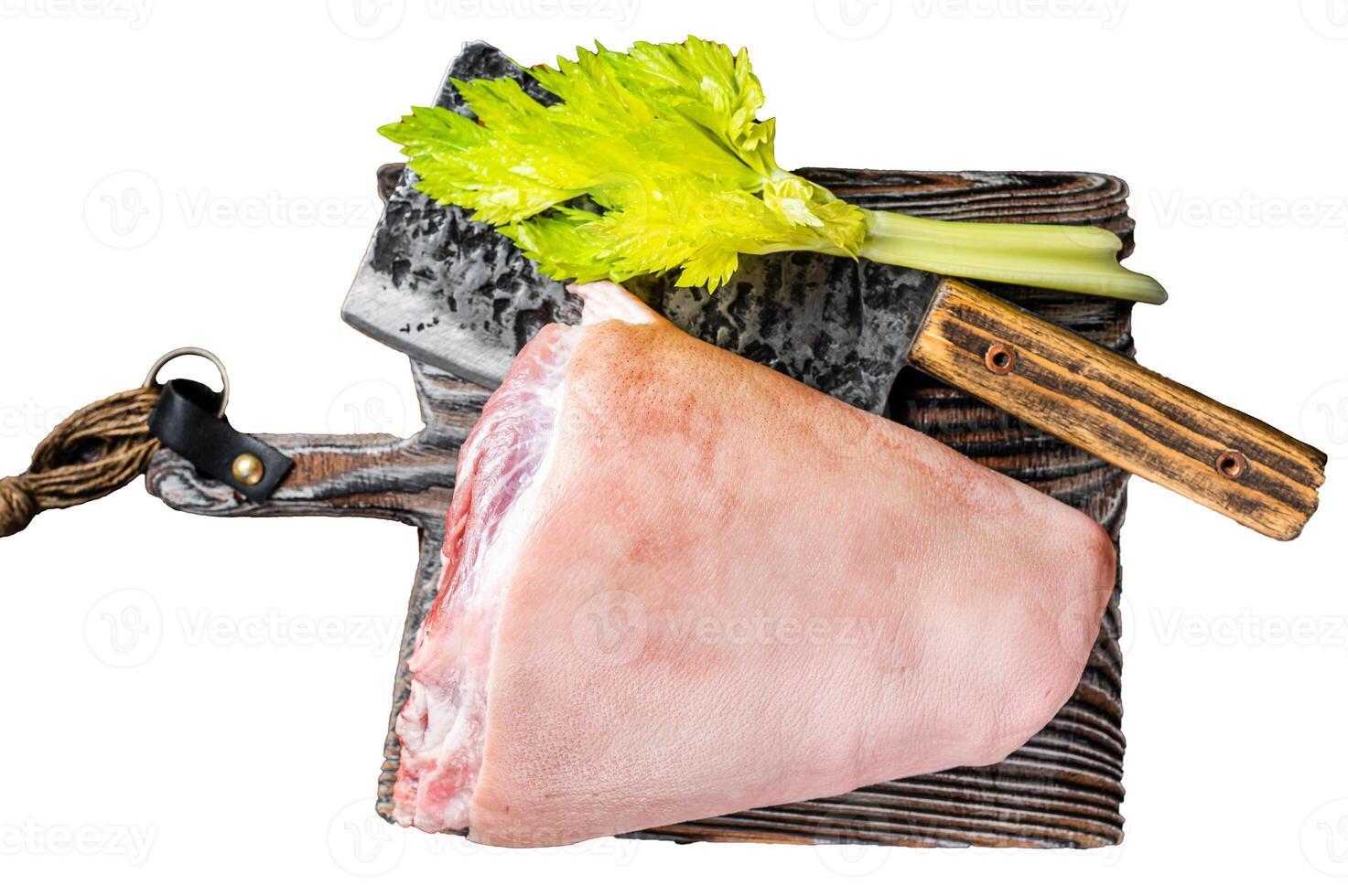 Fresh Raw pork shank knuckle on a butcher board with herbs for cooking. Isolated, white background. photo