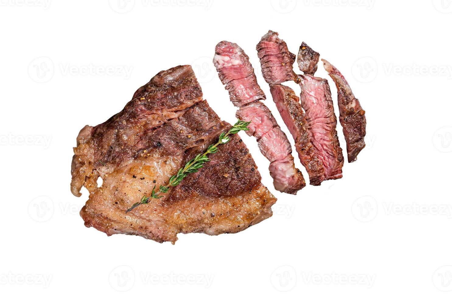 Roasted bbq Chuck Roll beef steaks with herbs. Isolated on white background. photo