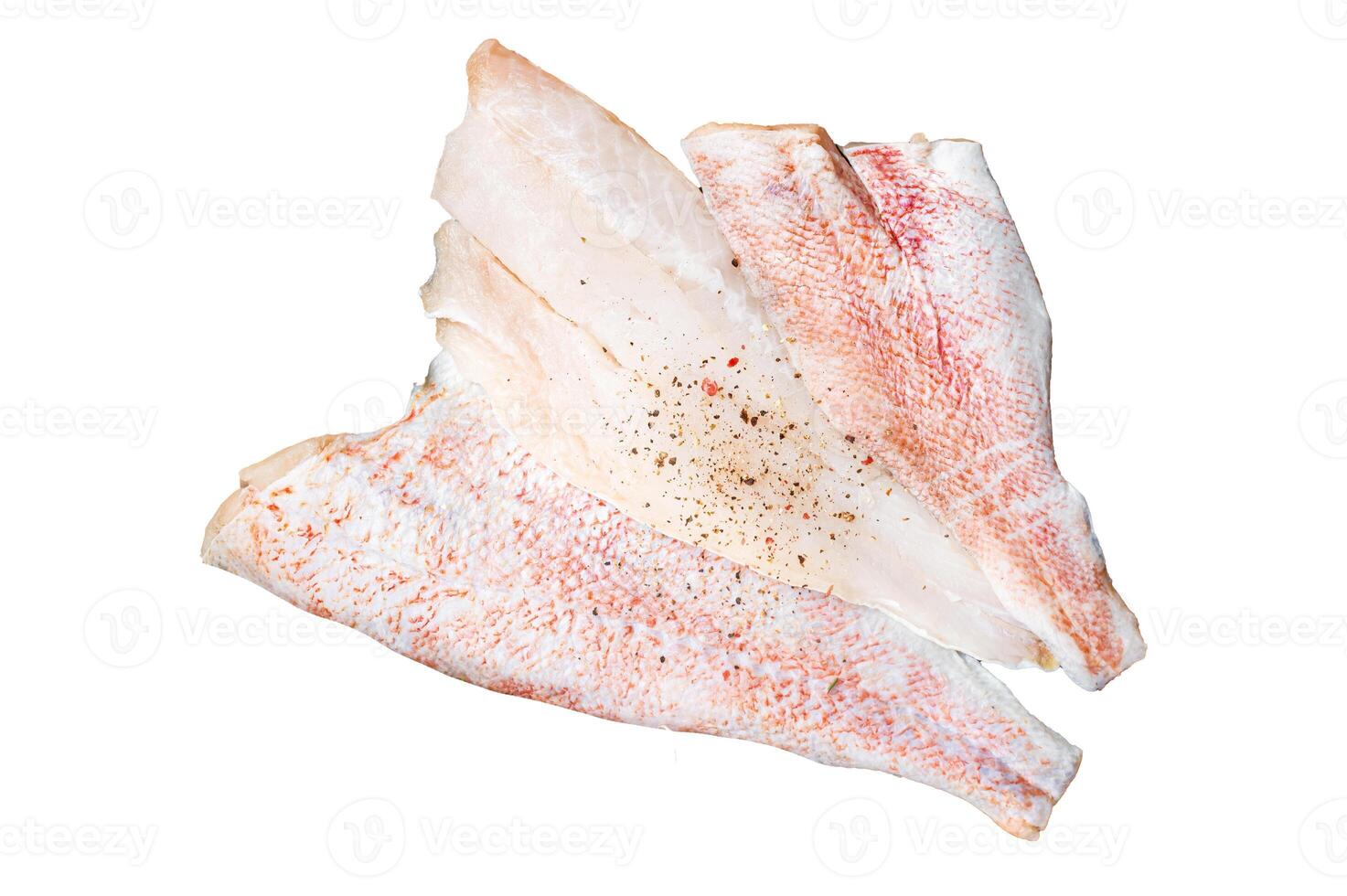 Uncooked ocean red perch fillet, redfish with herbs and spices. Isolated, white background. photo