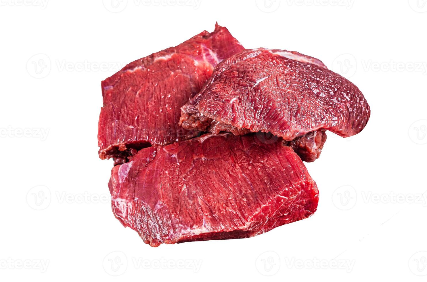 Raw Venison dear meat on butcher cutting board, game meat. Isolated, white background. photo