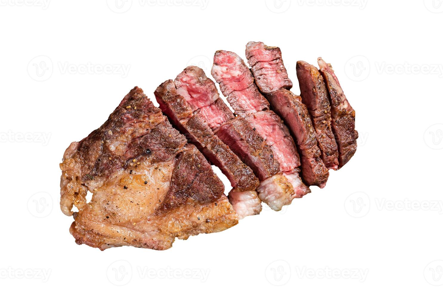 Grilled Chuck Roll beef steak with salad on wooden board Isolated on white background. photo