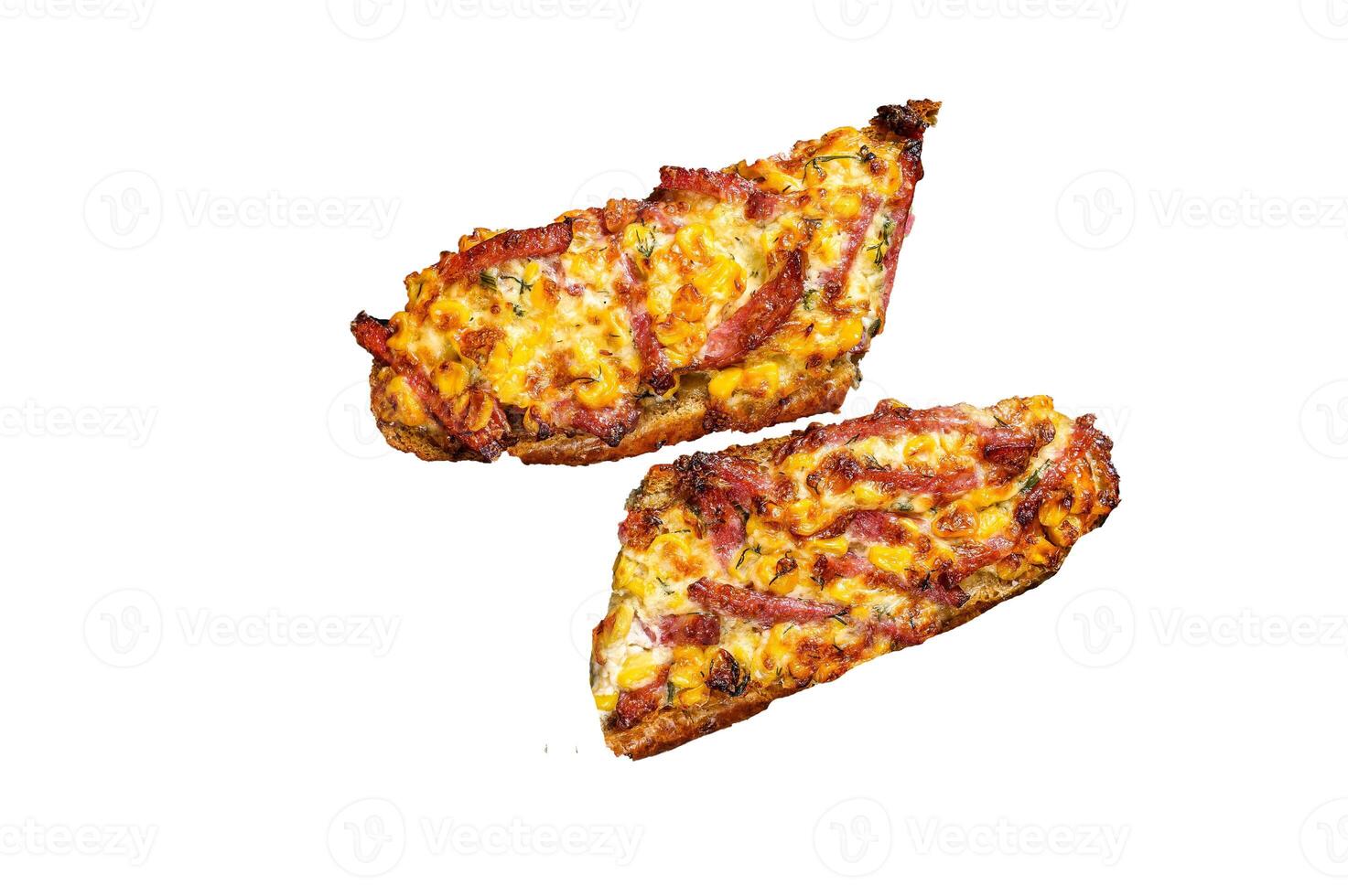 Hot baked open Baguette sandwich with ham, bacon, vegetables and cheese. High quality Isolate, white background. photo