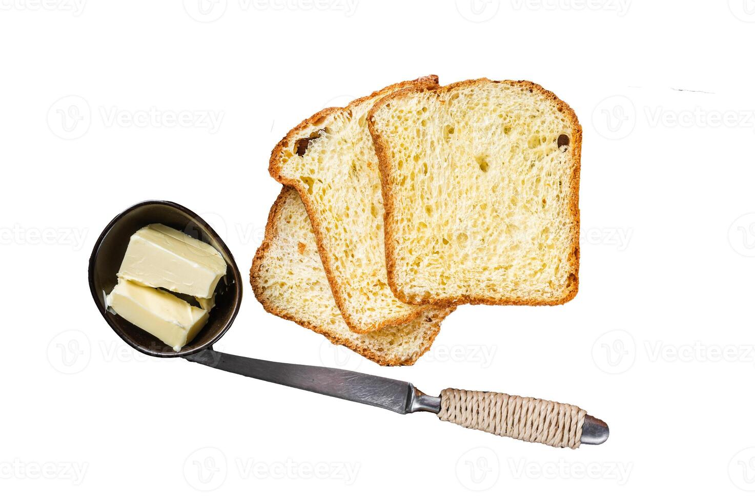Brioche bread on breakfast table with butter and jam. Isolated, white background. photo