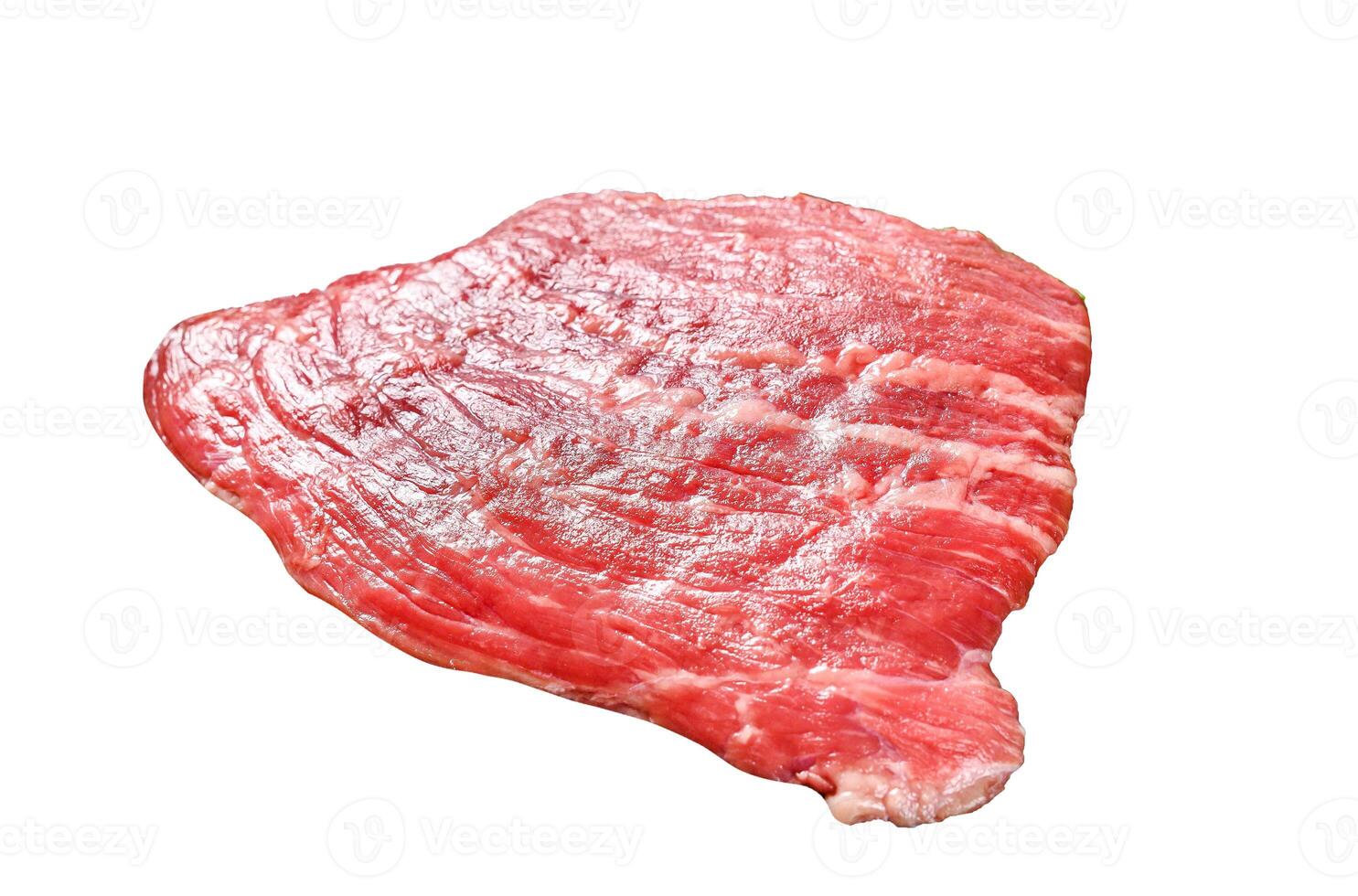 Flat iron steak. Raw Marble beef meat black Angus. Isolated on white background. Top view. photo