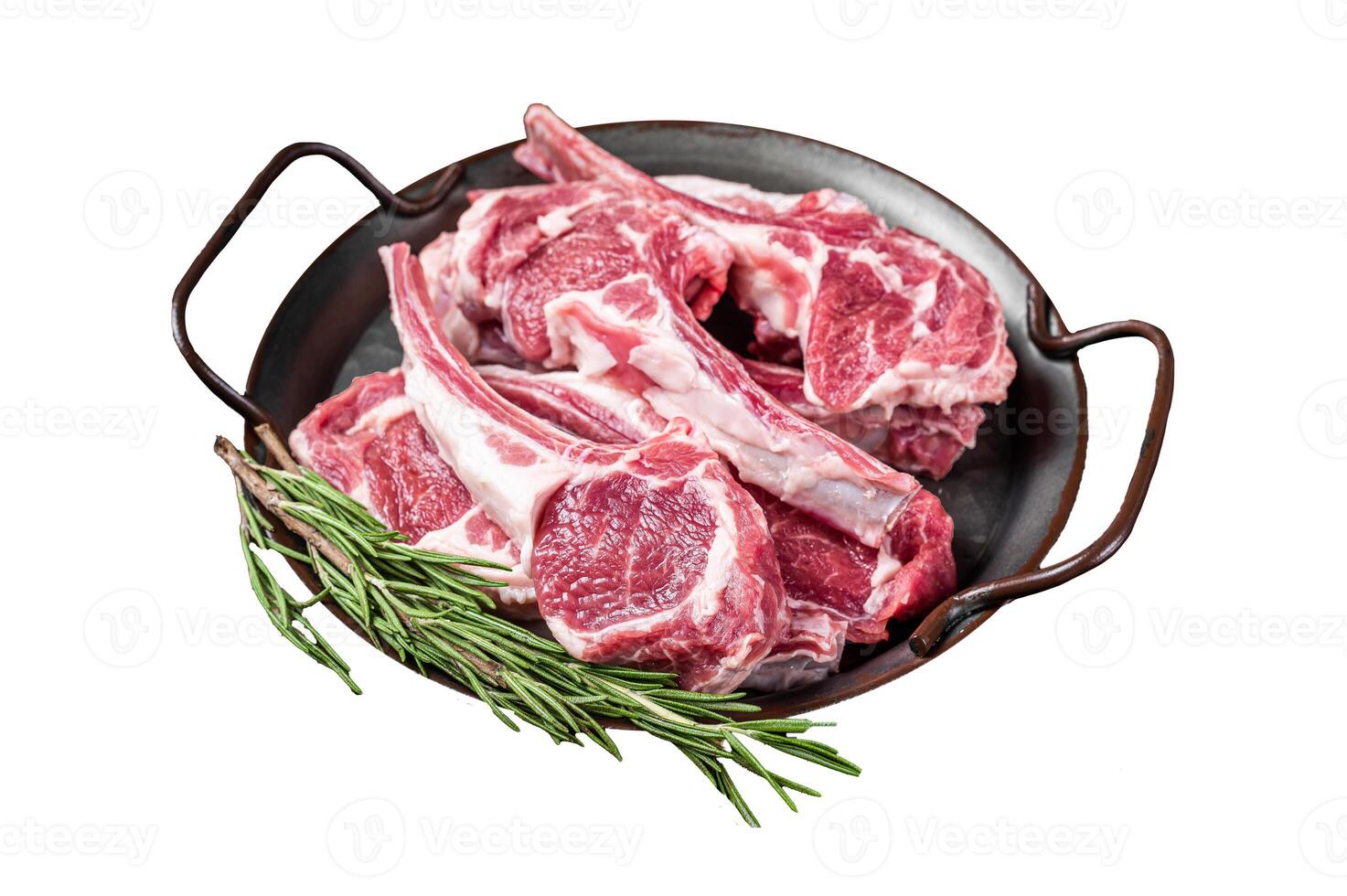 Raw lamb mutton chop steaks, fresh meat cutlets Isolated on white background. Top view. photo