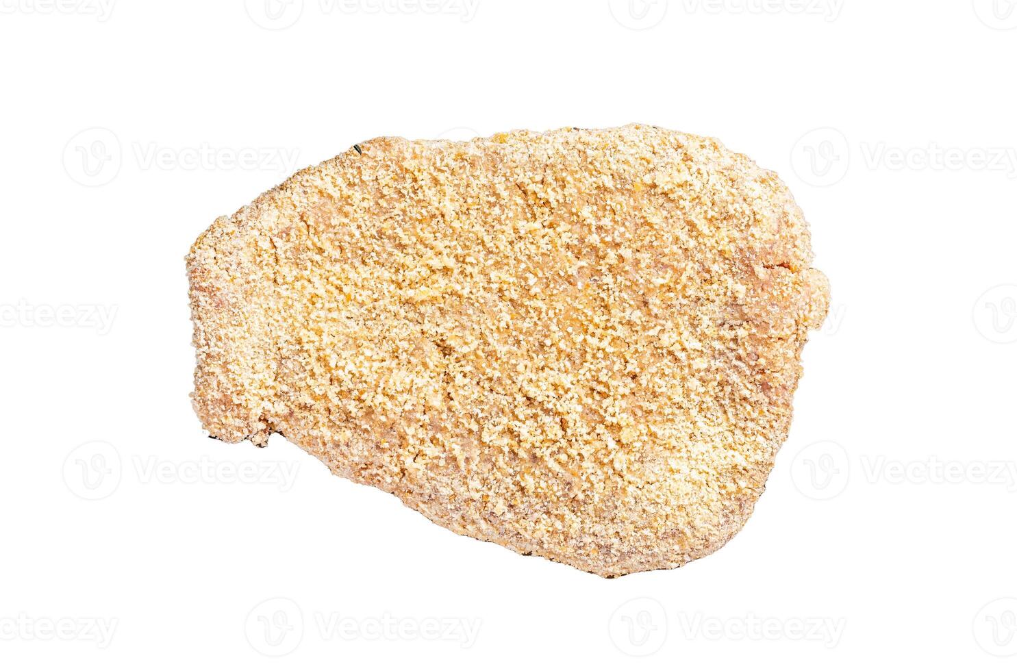 Tender Raw Breaded Wiener schnitzel Isolated on white background, top view. photo