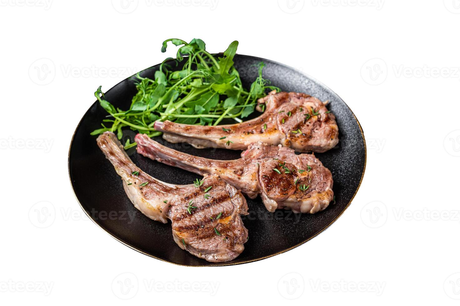 Roasted lamb meat cutlets, mutton chops with garnish. Isolated on white background. Top view. photo