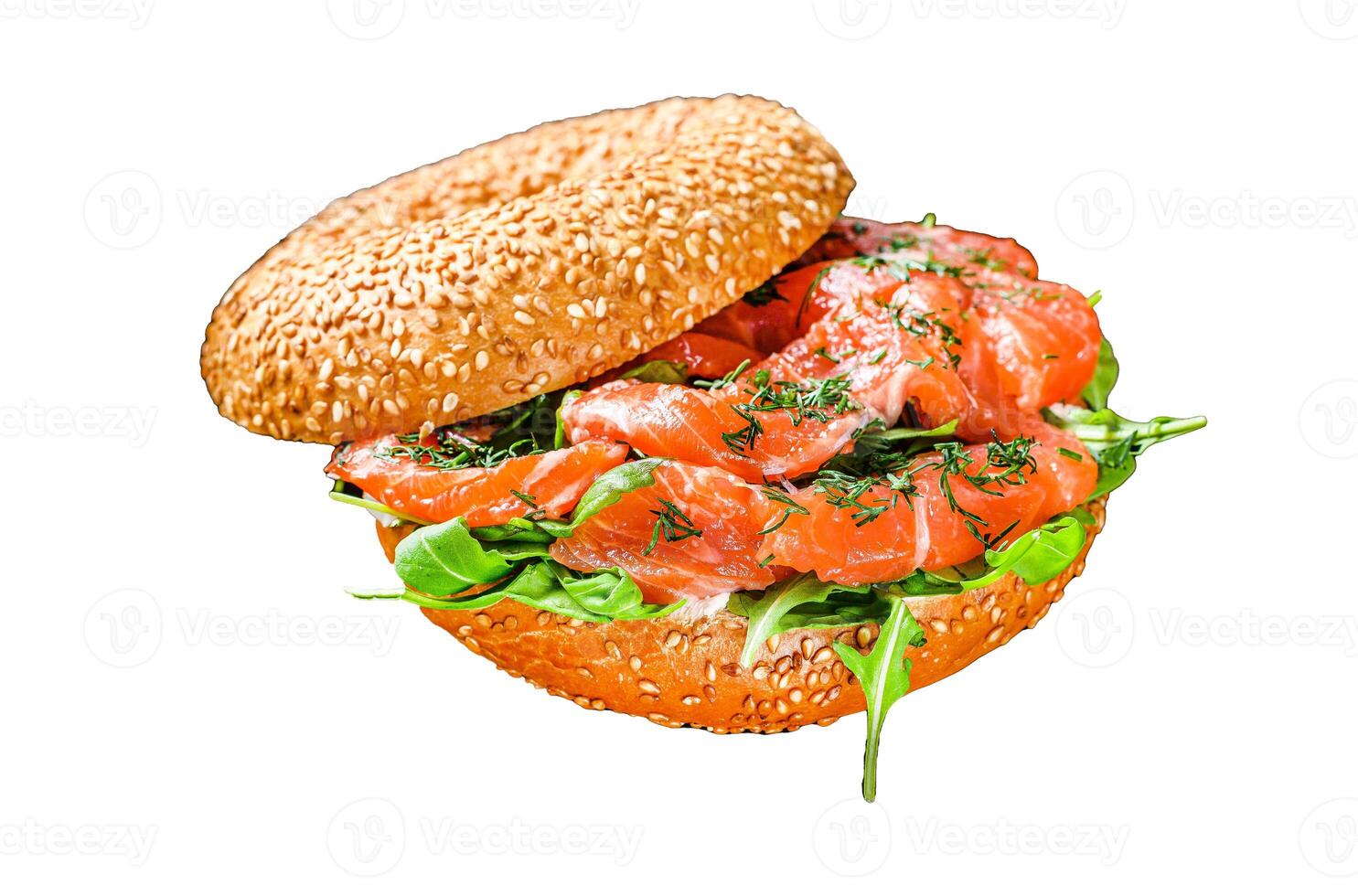 Bagels sandwich with salmon and arugula. Isolated on white background. Top view photo