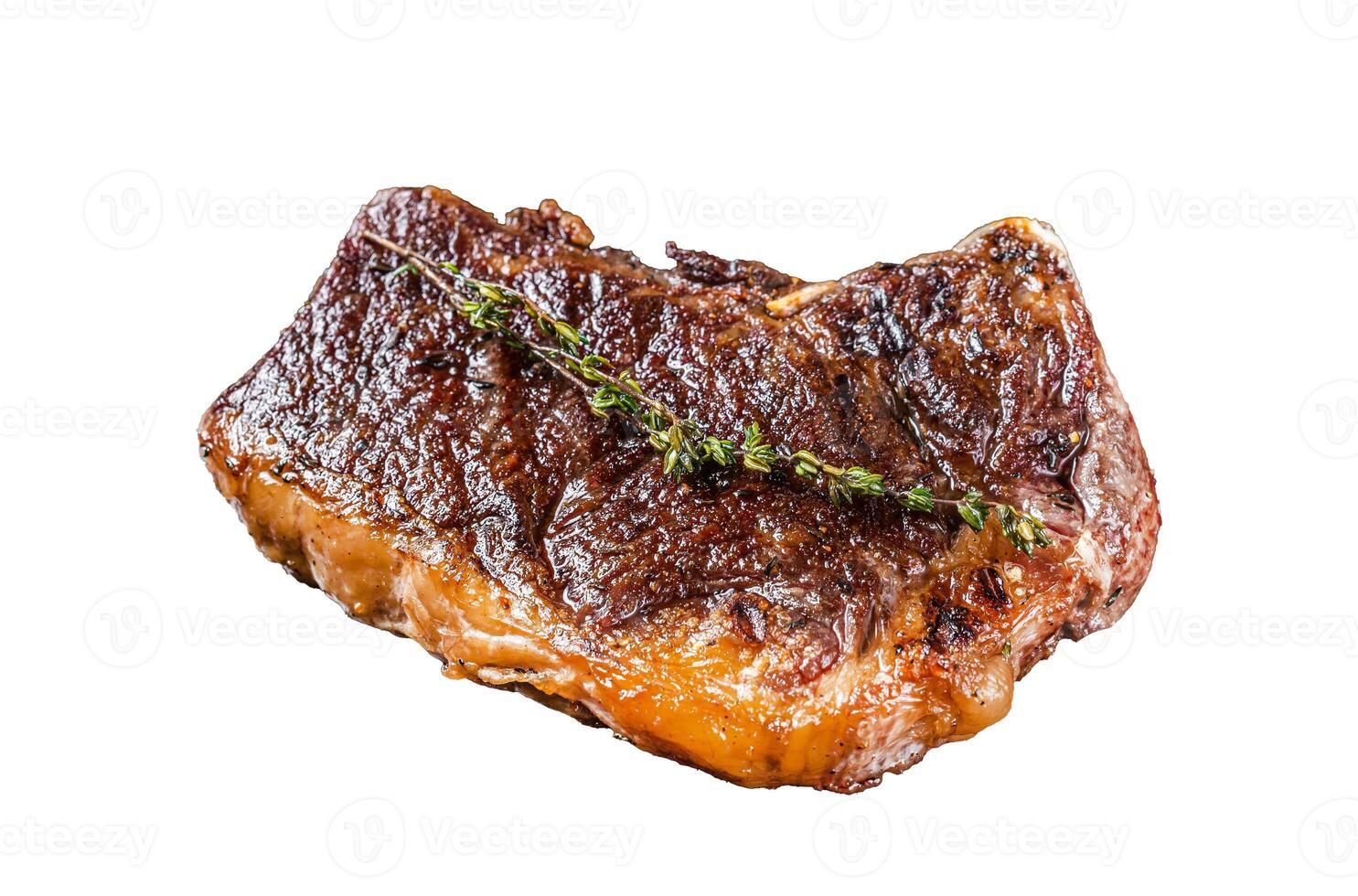 Grilled Striploin beef meat steak or new york steak on a grill rack. Isolated, white background. photo