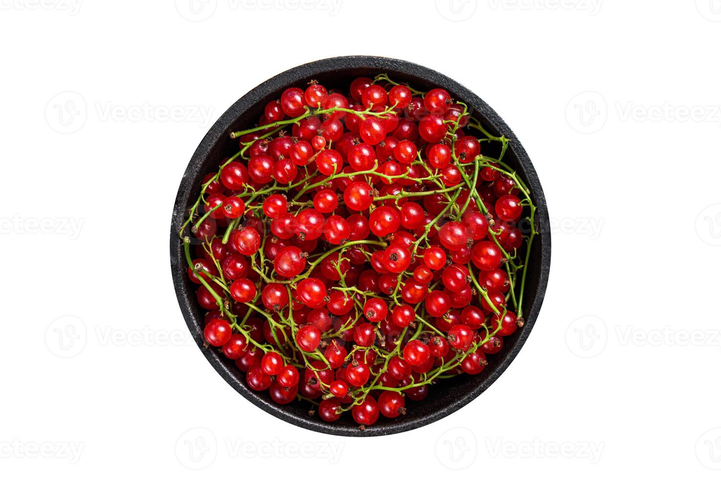 Red currant berries in a pan. Isolated, white background. Top view. photo