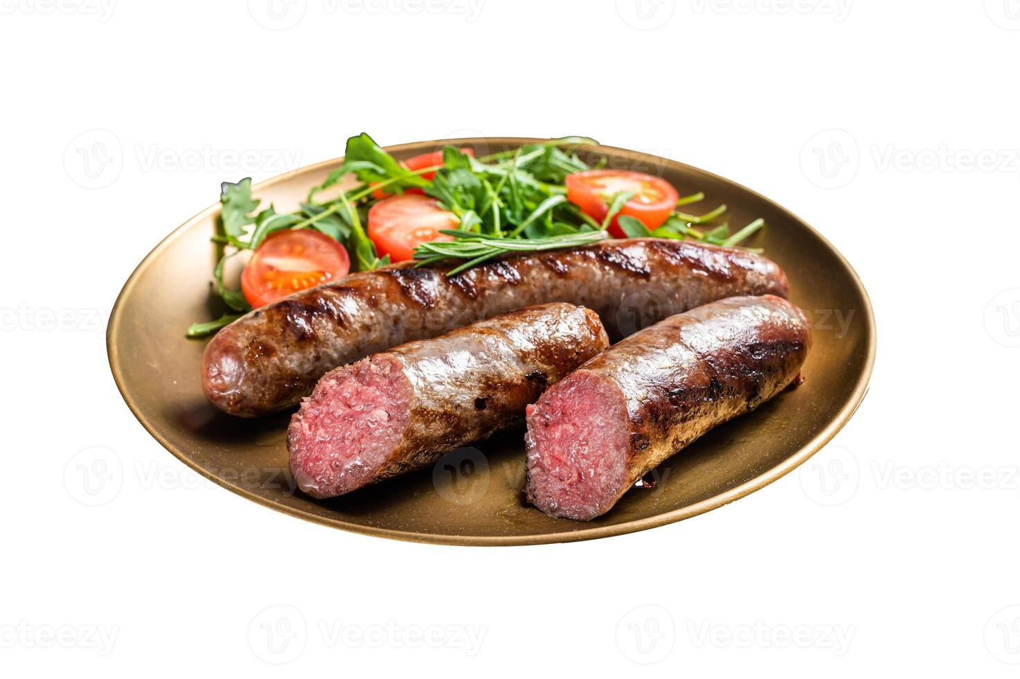 Roasted meat sausages with arugula and tomato salad. Isolated on white background. Top view. photo