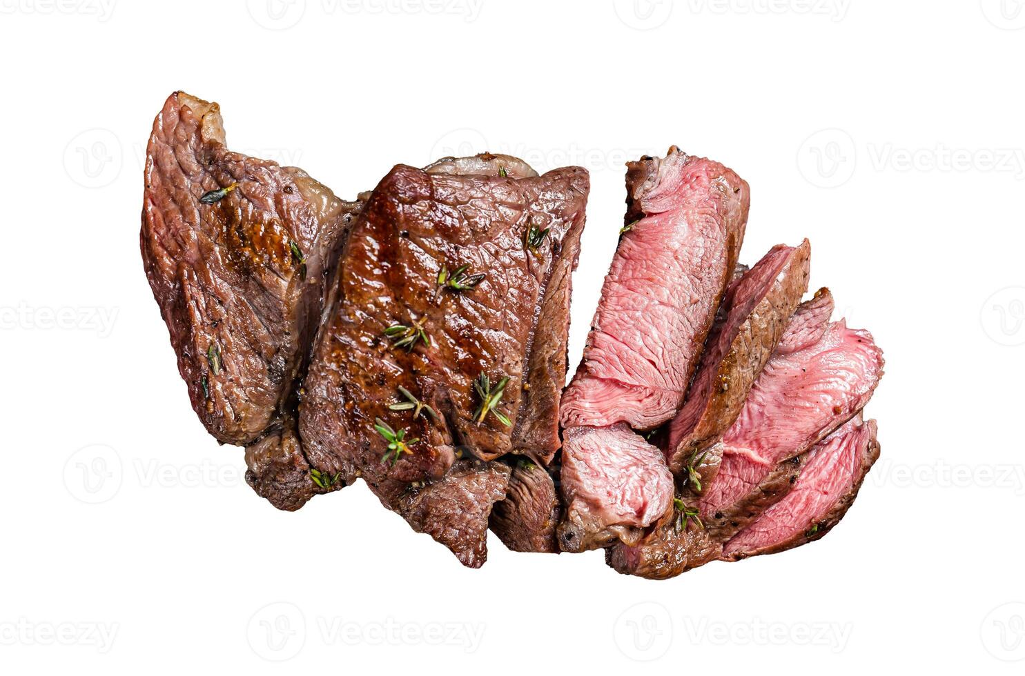 BBQ grilled Mutton fillet chop steaks, sliced lamb meat. Isolated, white background. photo
