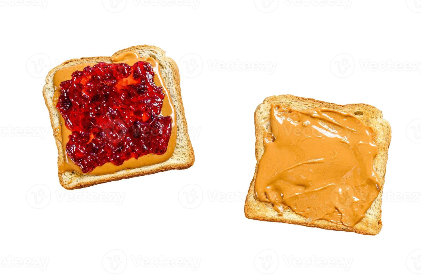 Peanut butter sandwich toast with berry jam. Isolated on white background. photo