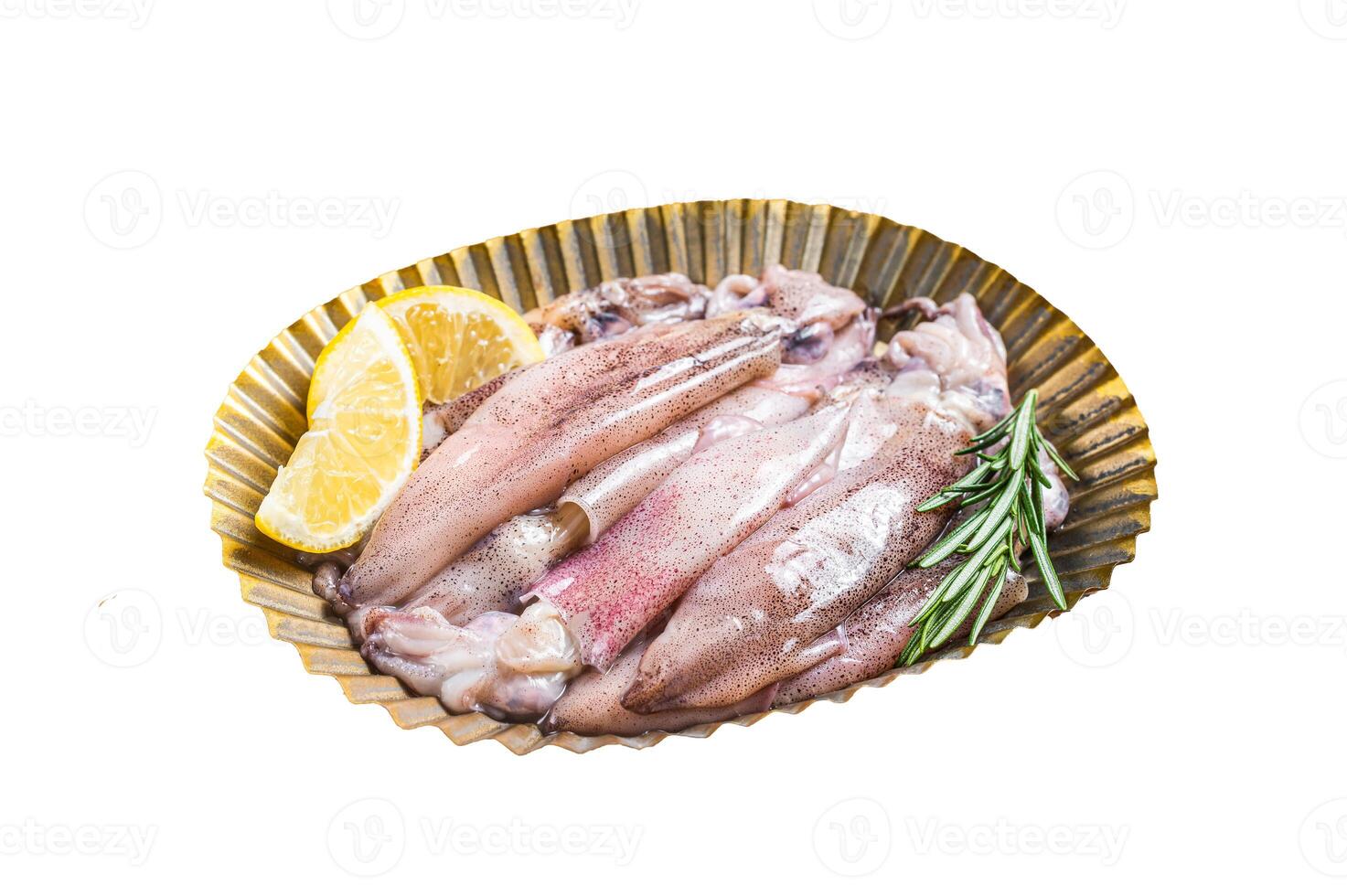 Whole Raw squid with herbs and lemon, fresh Seafood. Isolated, white background. photo