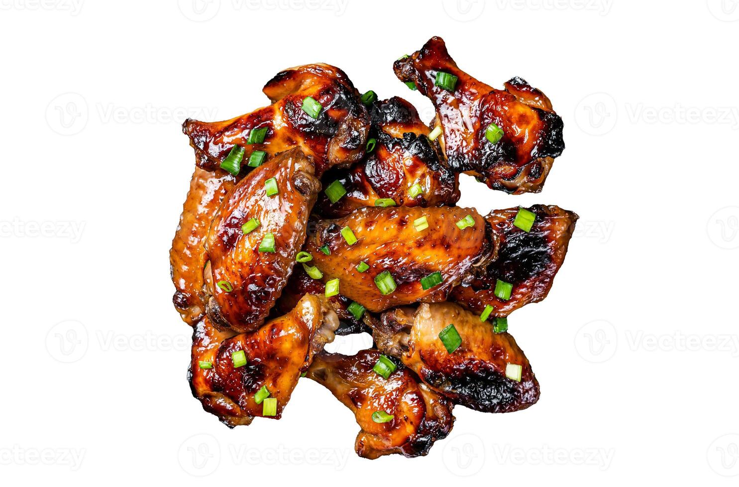 Baked chicken wings with sweet chili sauce in a plate. Isolated, white background. photo