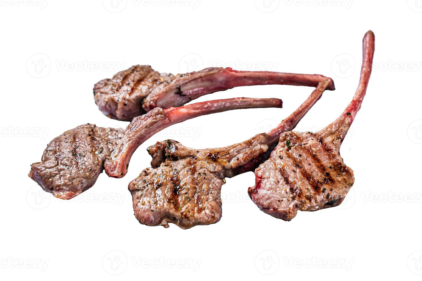 Grilled lamb mutton meat chops steaks. Isolated on white background, top view. photo
