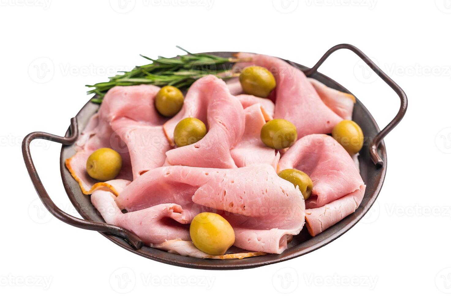 Meat appetizer with Sliced Prosciutto Cotto ham and green olives isolated on white background. top view photo