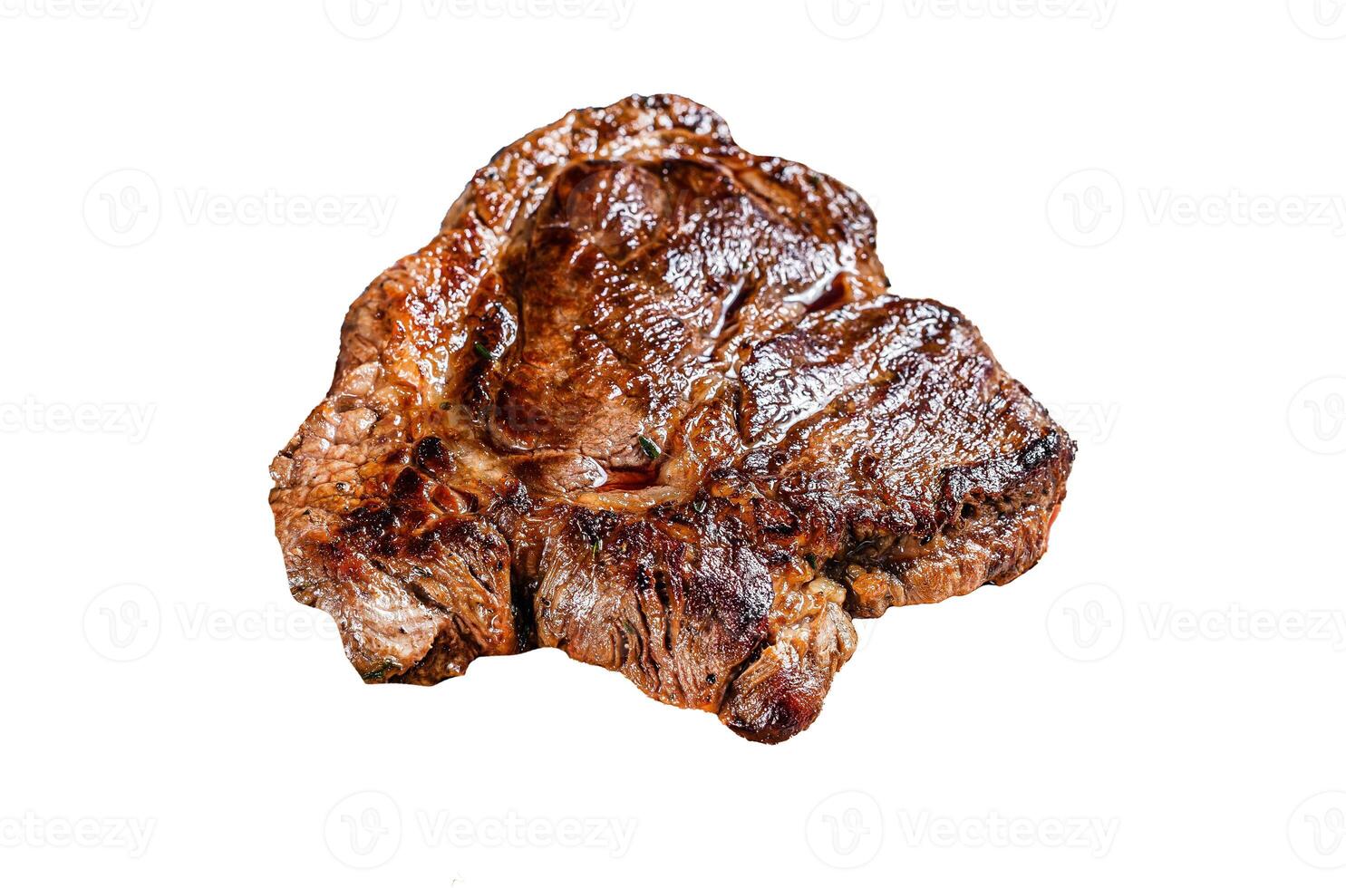 Grilled beef marbled steak. Chuck eye roll Isolated on white background. Top view. photo
