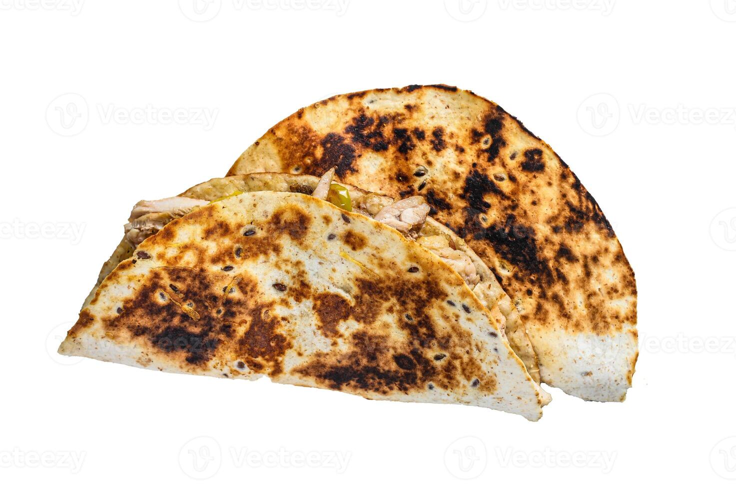 Cheesy Chicken roast Quesadilla. Isolated on white background. photo