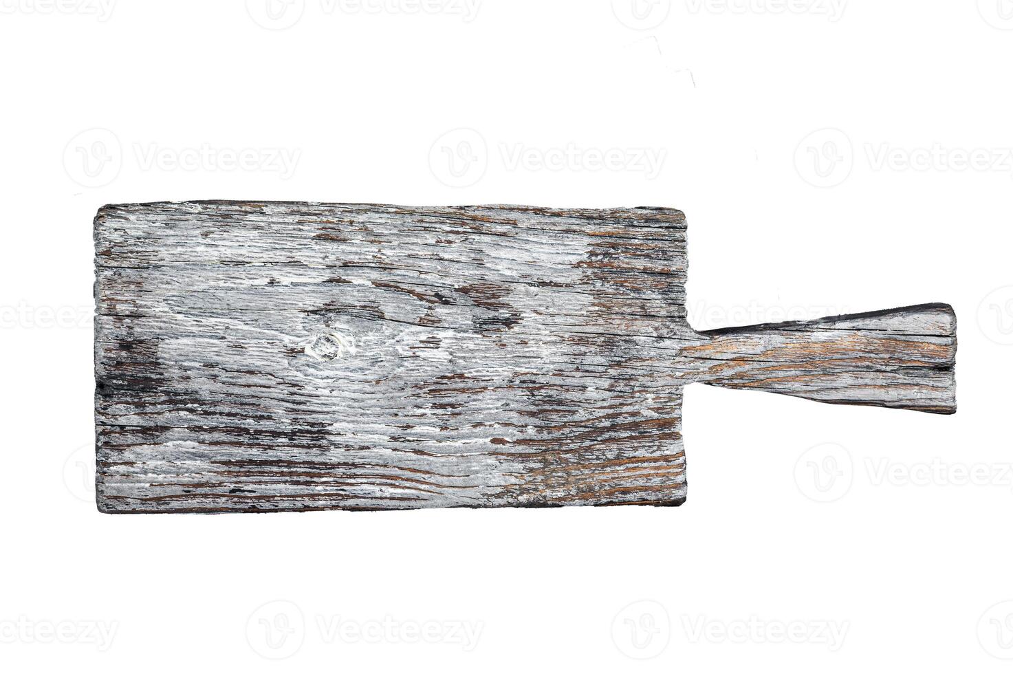 Cooking background with old empty cutting board. Isolated, white background. photo