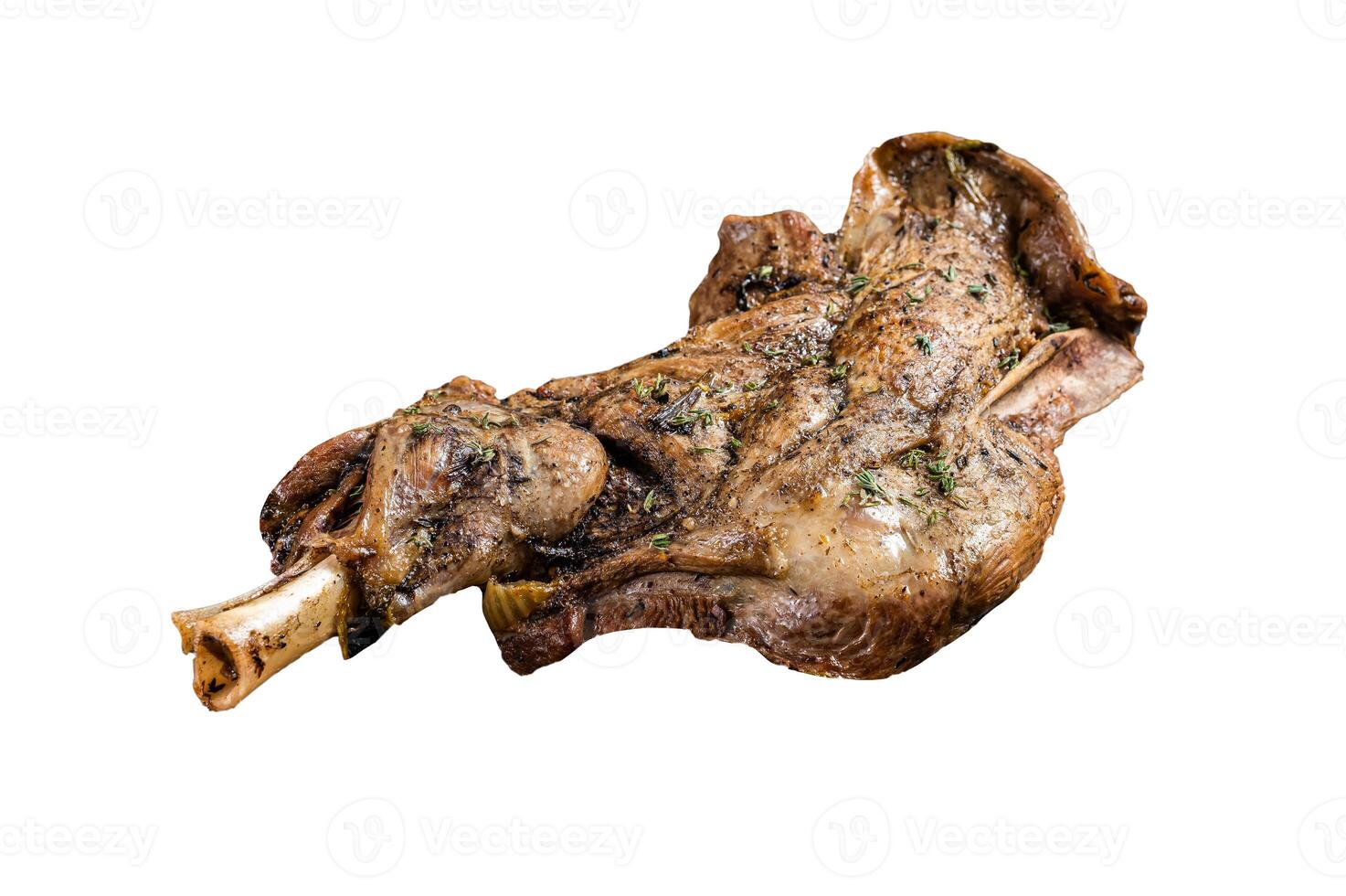 Barbecue Roasted lamb mutton shoulder meat with herbs and spices. Isolated on white background photo