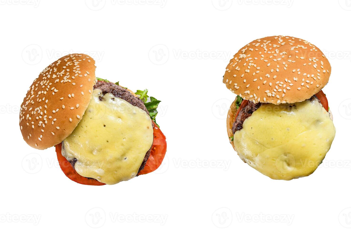Two homemade beef burgers with cheese, greens, onion. Isolated on white background. photo