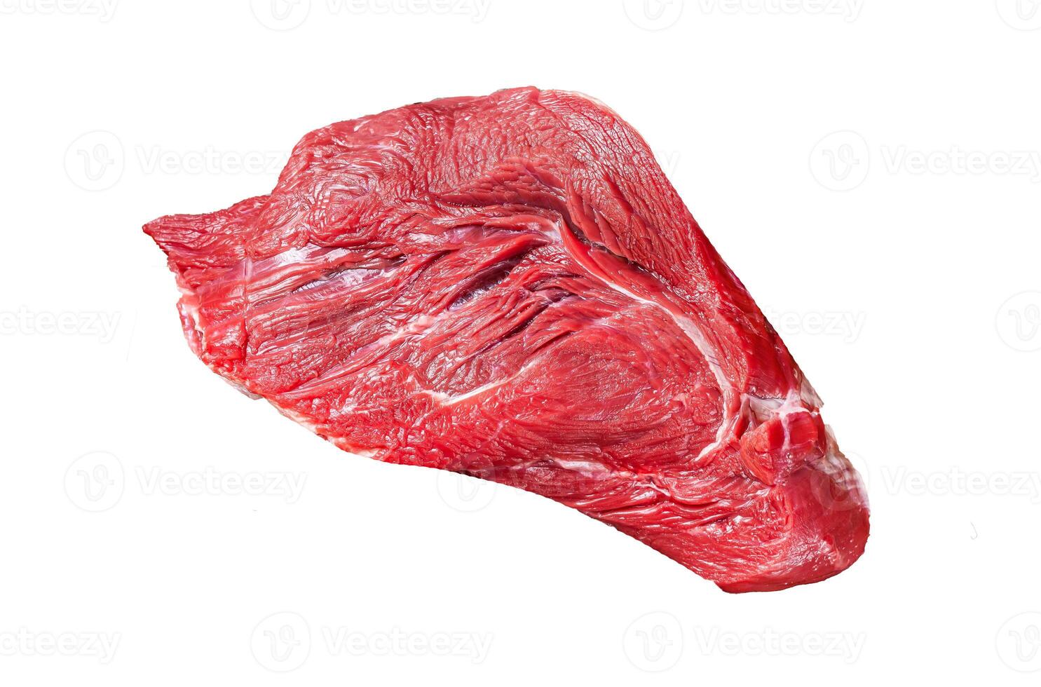 Piece of Raw beef meat for stew with herbs on butcher cutting board. Isolated, white background. photo