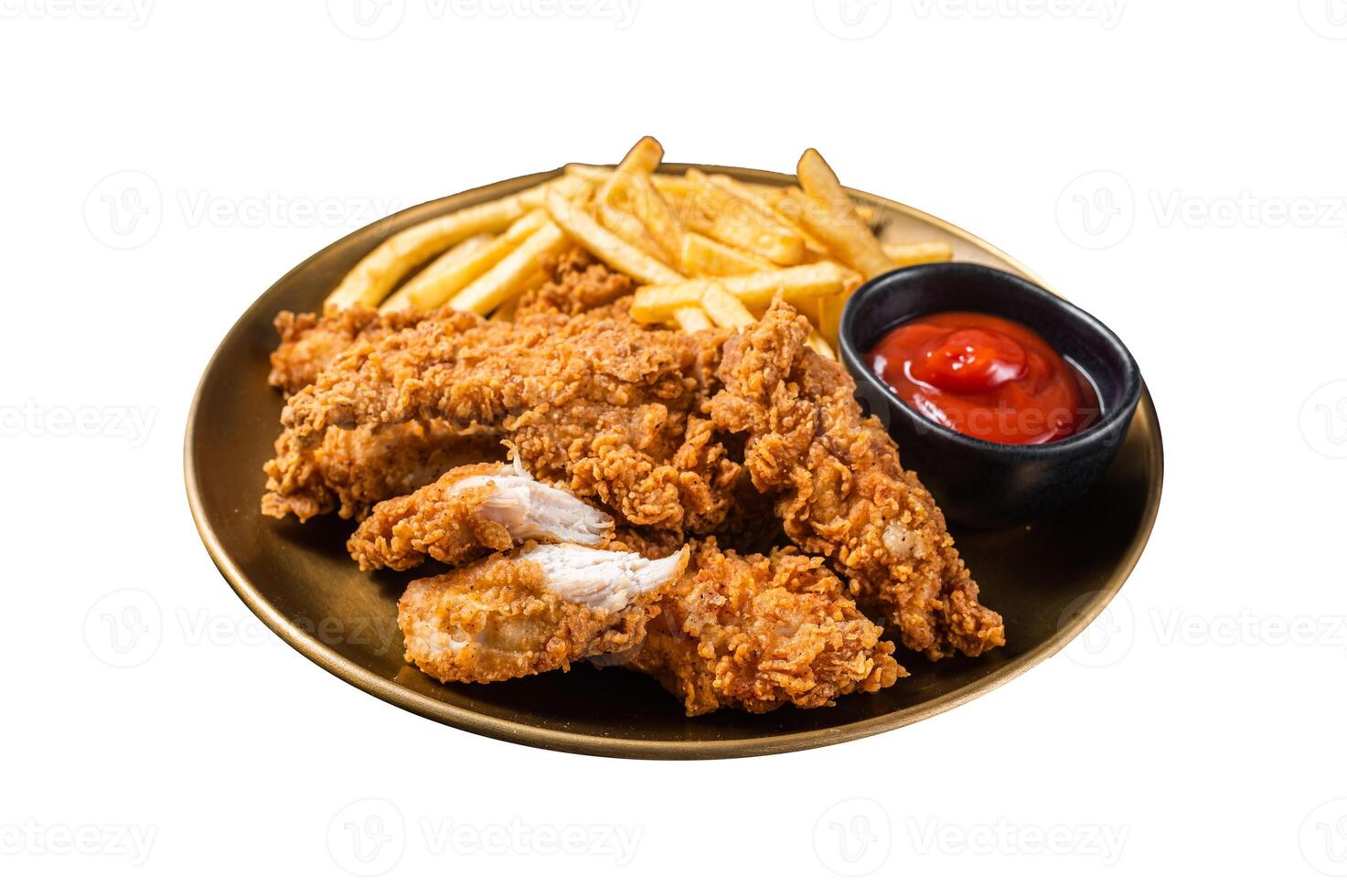 Fried Breaded chicken tender strips with french fries and tomato ketchup on a plate. Isolated on white background. photo