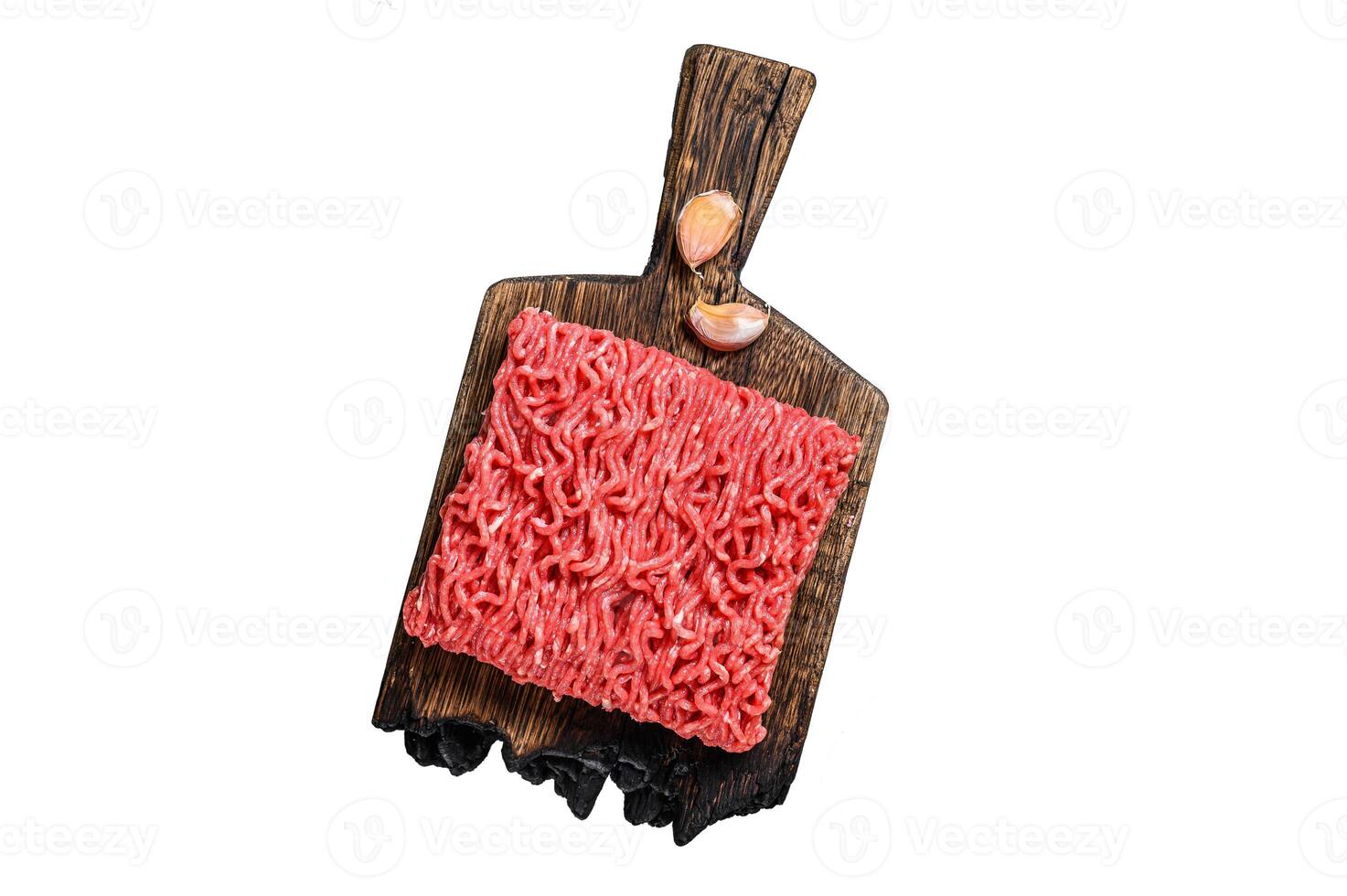 Raw mince meat, pumpkin with garlic and onion. Isolated on white background, Top view. photo