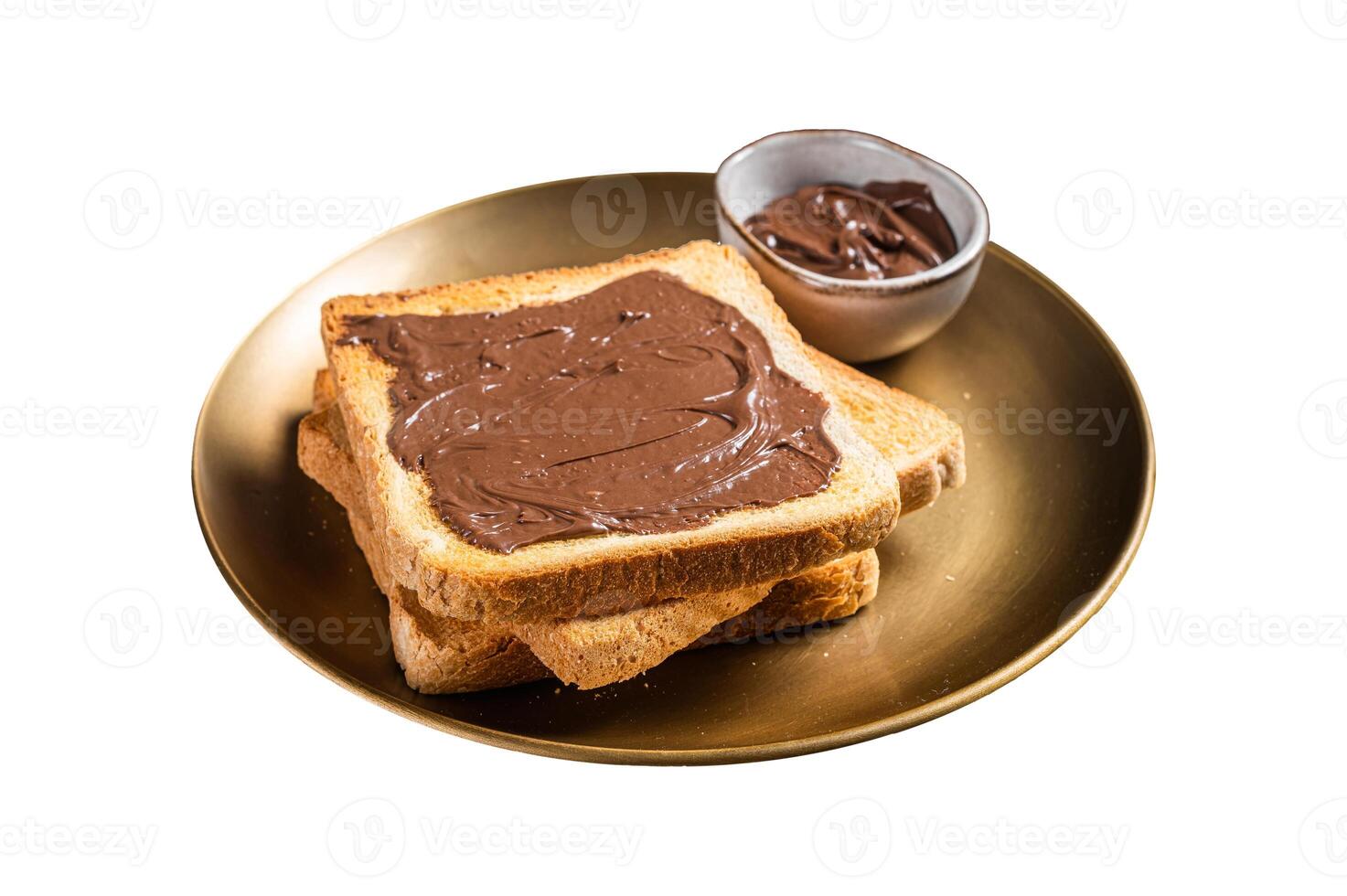 Stack of Toasts with chocolate Hazelnut cream in plate. Isolated on white background. Top view. photo