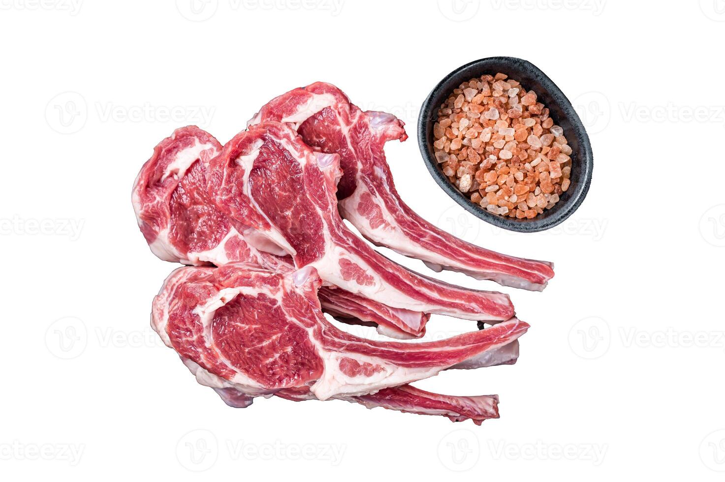 Uncooked lamb mutton chops, raw meat steaks. Isolated, white background. photo