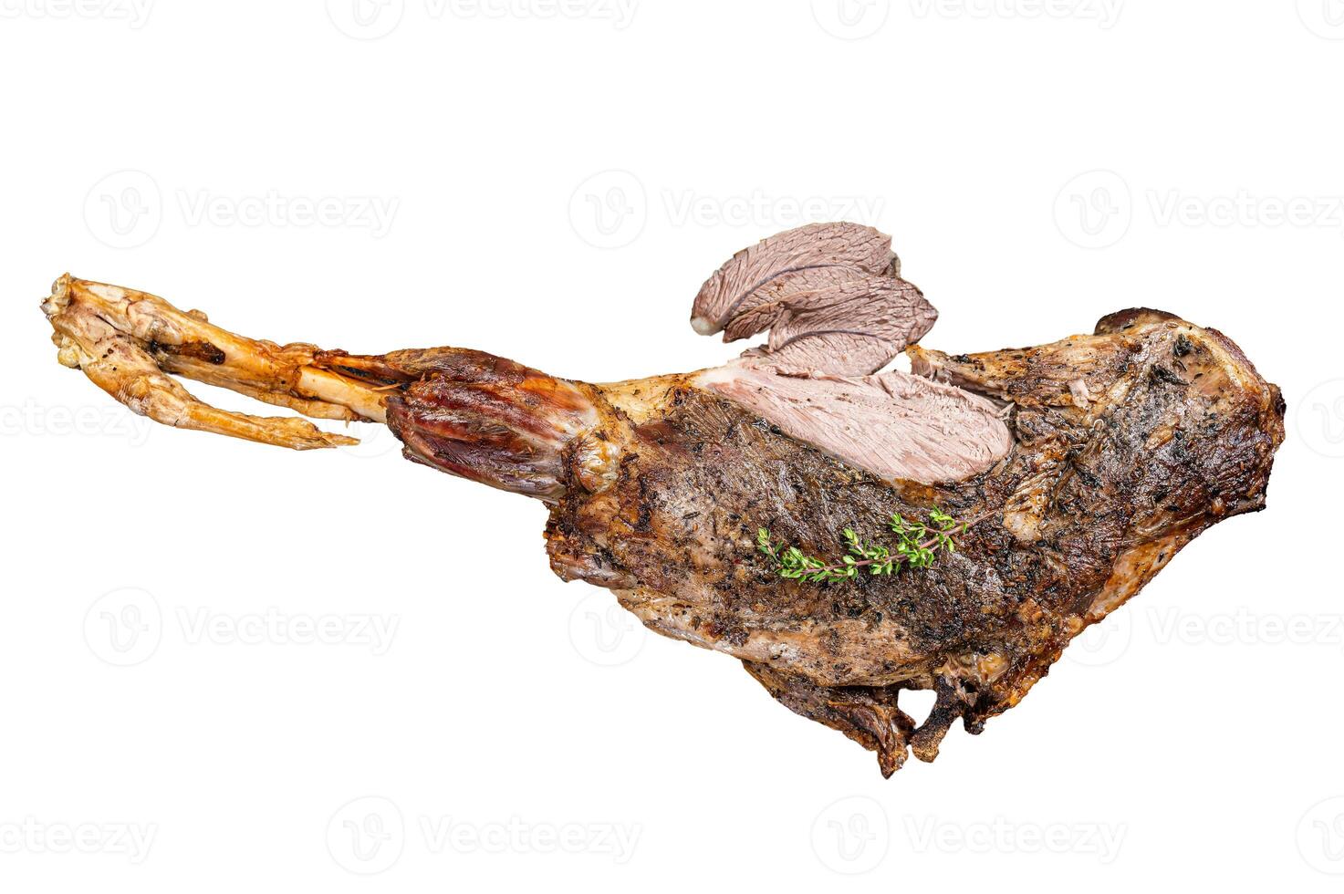 Christmas dish - Roast lamb leg meat with spices and thyme on a plate. Isolated on white background. photo