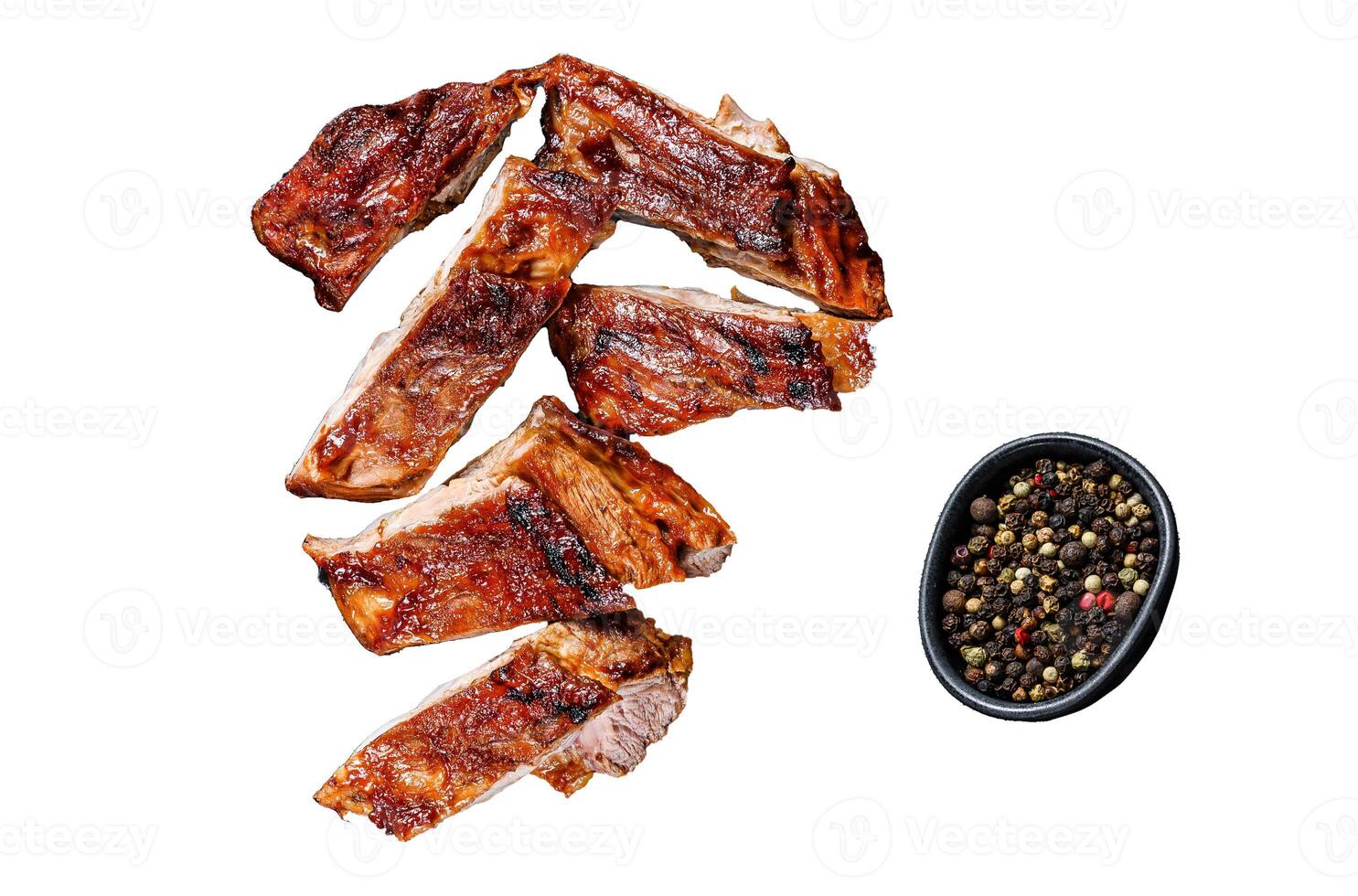 Sliced Grilled veal short spare rib meat Isolated on white background, top view. photo
