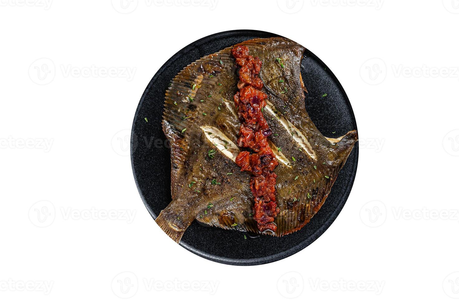 Roasted Flatfish or Flounder in a tomato sauce. High quality Isolate, white background. photo
