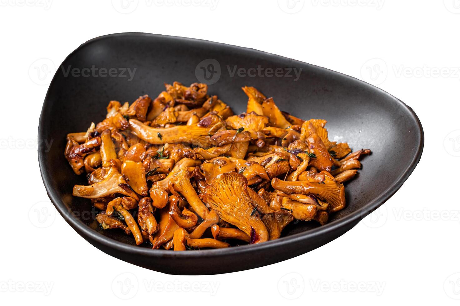 Fried forest chanterelle mushrooms with herbs. Isolated on white background, top view. photo
