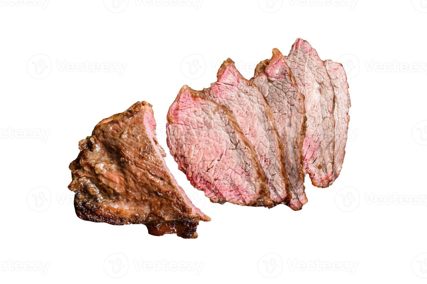 Sliced Roast beef sirloin tri tip steak bbq. Isolated on white background. photo