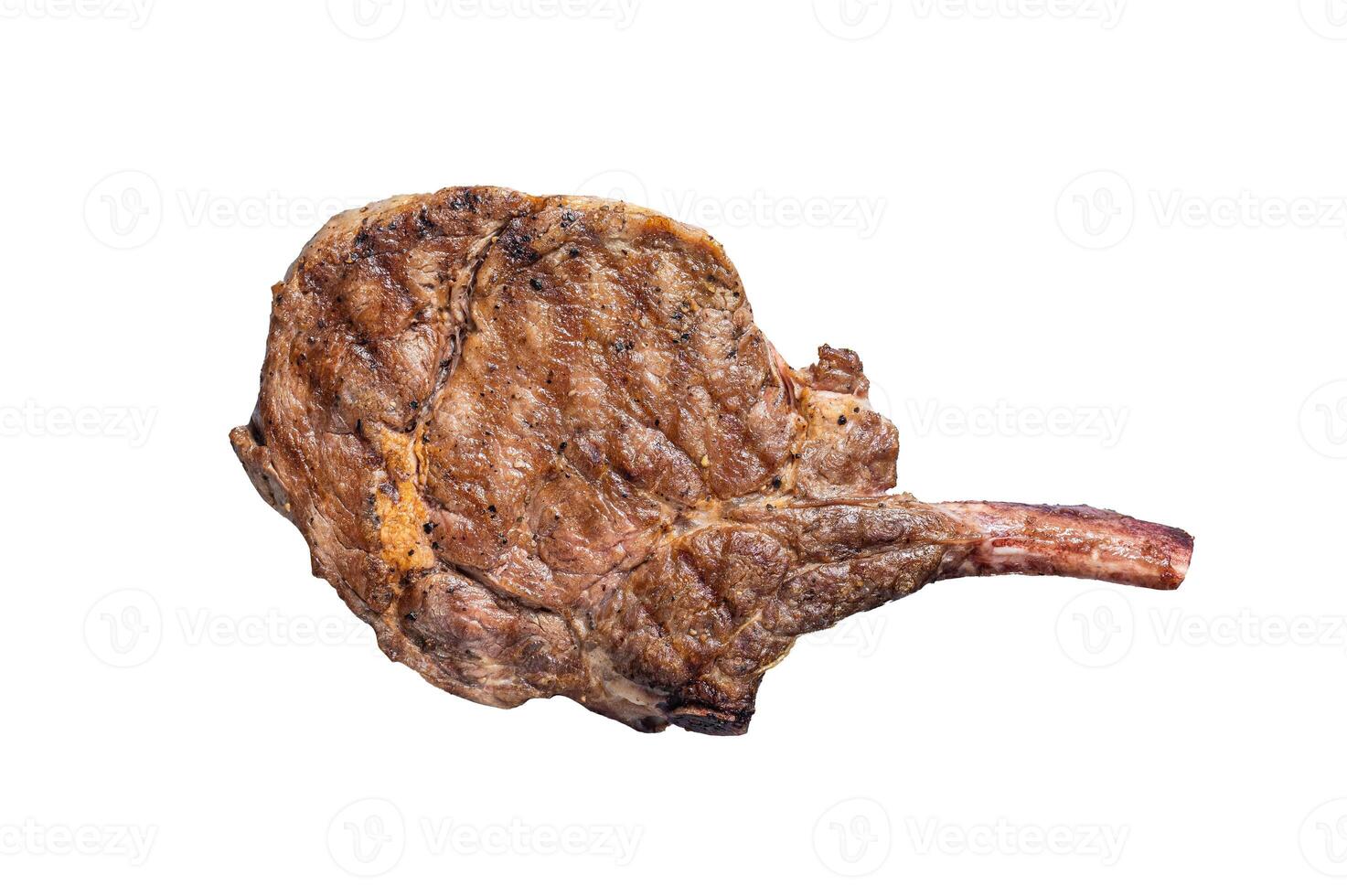 Grilled Beef Steak Tomahawk, Rib eye. Gray background. Top view photo