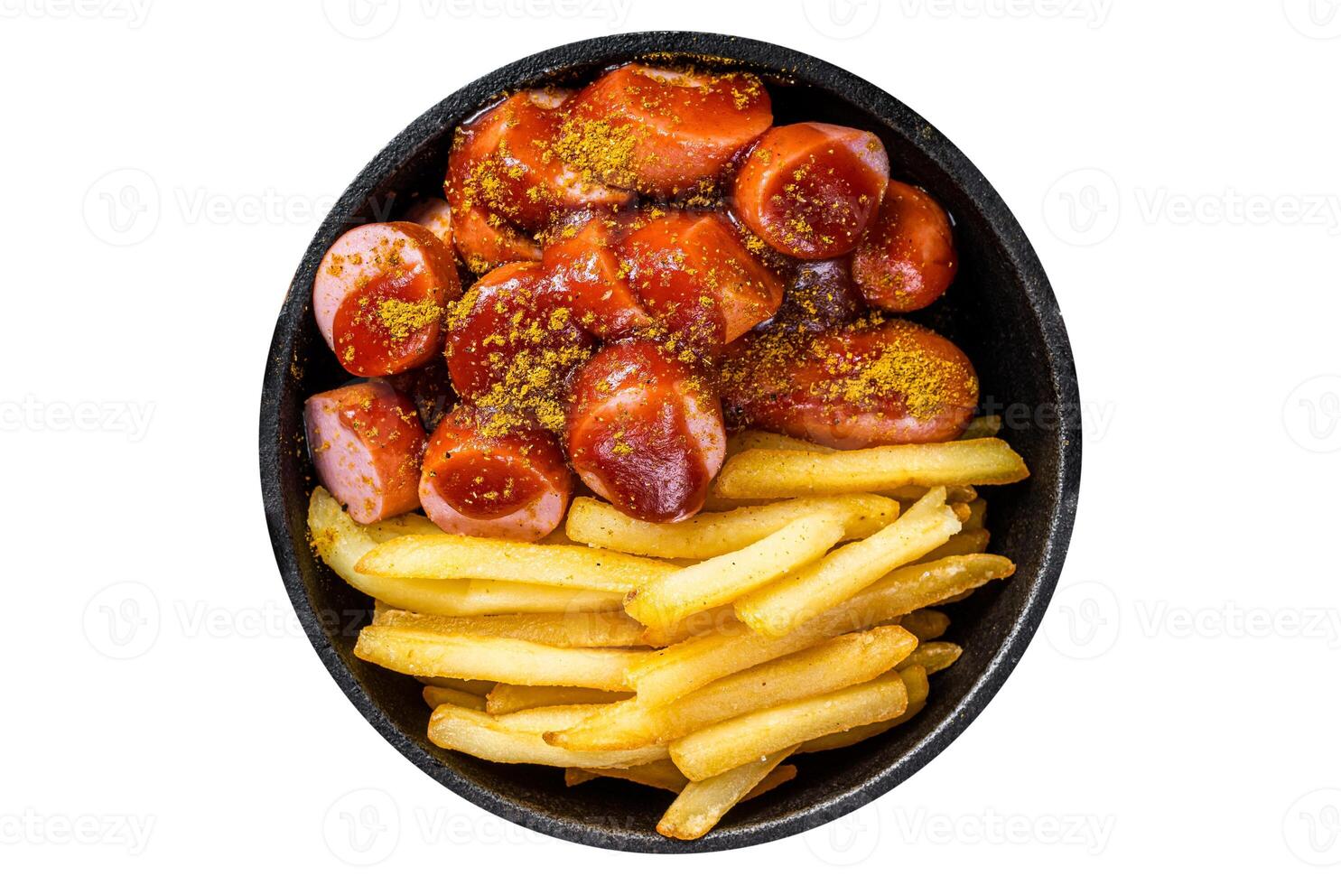 Currywurst Sausages with Curry spice on wursts served French fries in a pan. Isolated on white background. photo
