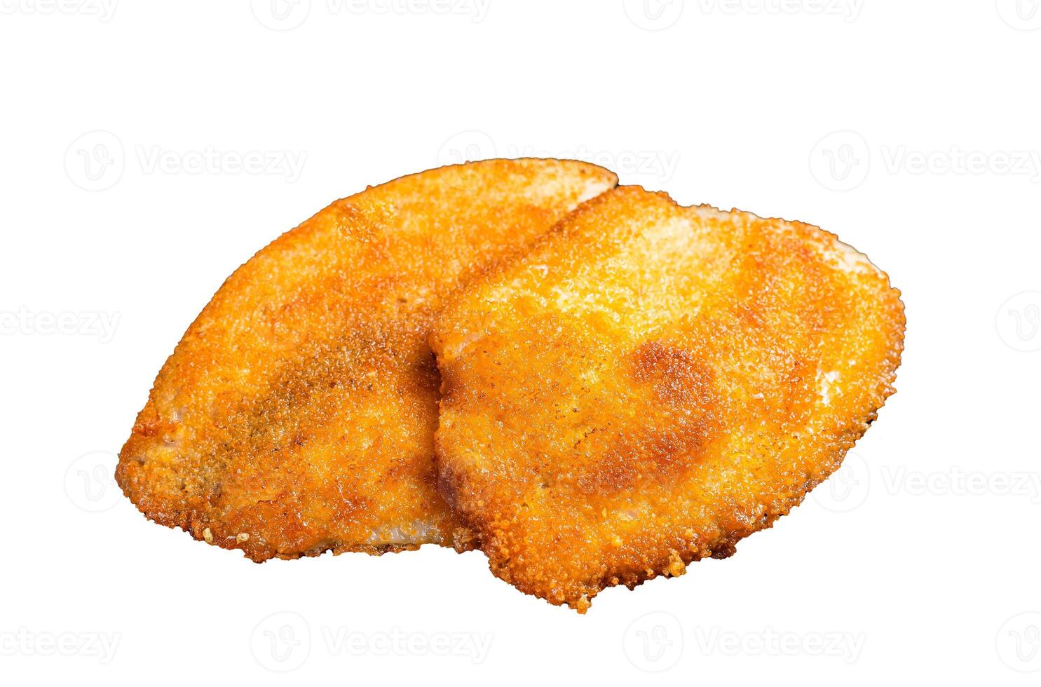 Fried breaded tilapia fillets on a marble board. Isolated on white background photo