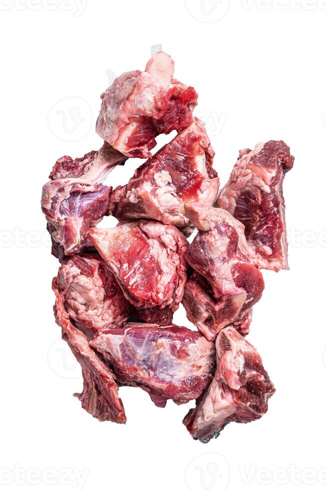 Raw lamb meat stew cuts with bone. High quality Isolate, white background. photo