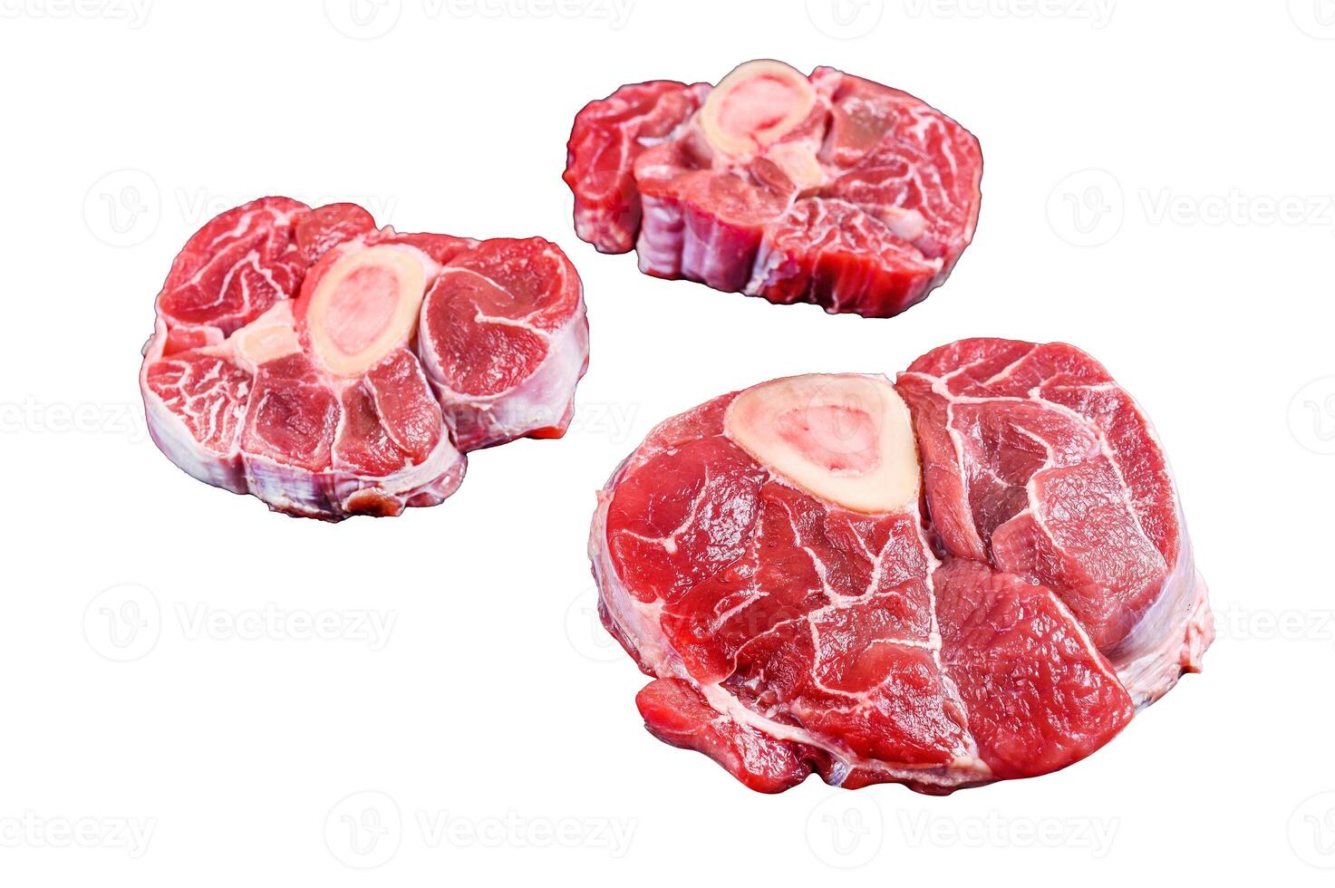 Fresh veal meat osso buco shank steak, italian ossobuco. Isolated on white background, top view. photo