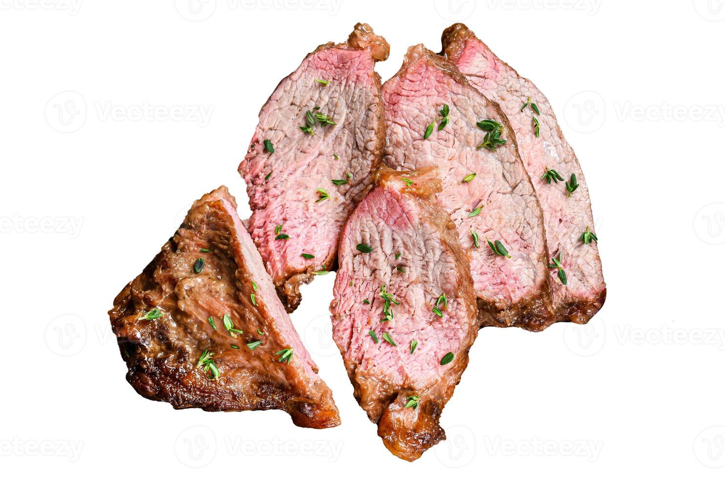 Rare slices of Roast beef sirloin tri tip steak bbq Isolated on white background, Top view. photo