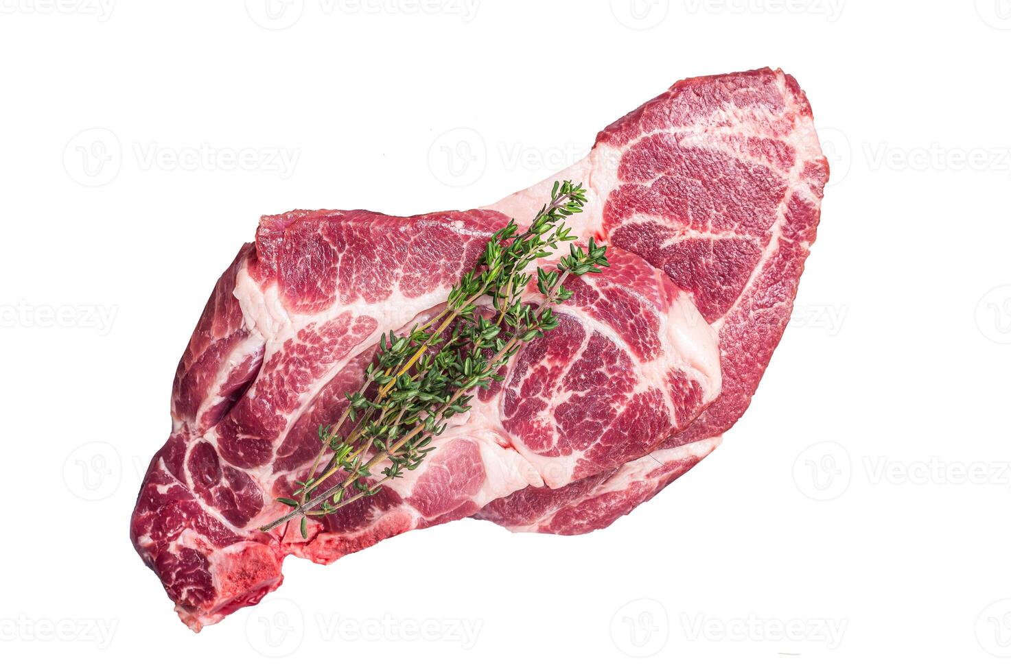 Raw Pork steaks, fresh meat on butcher table. Isolated on white background. photo