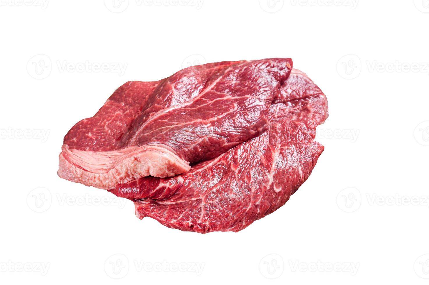 Fresh raw beef meat sirloin steaks, herbs and spices around cutting board. Isolated on white background. photo