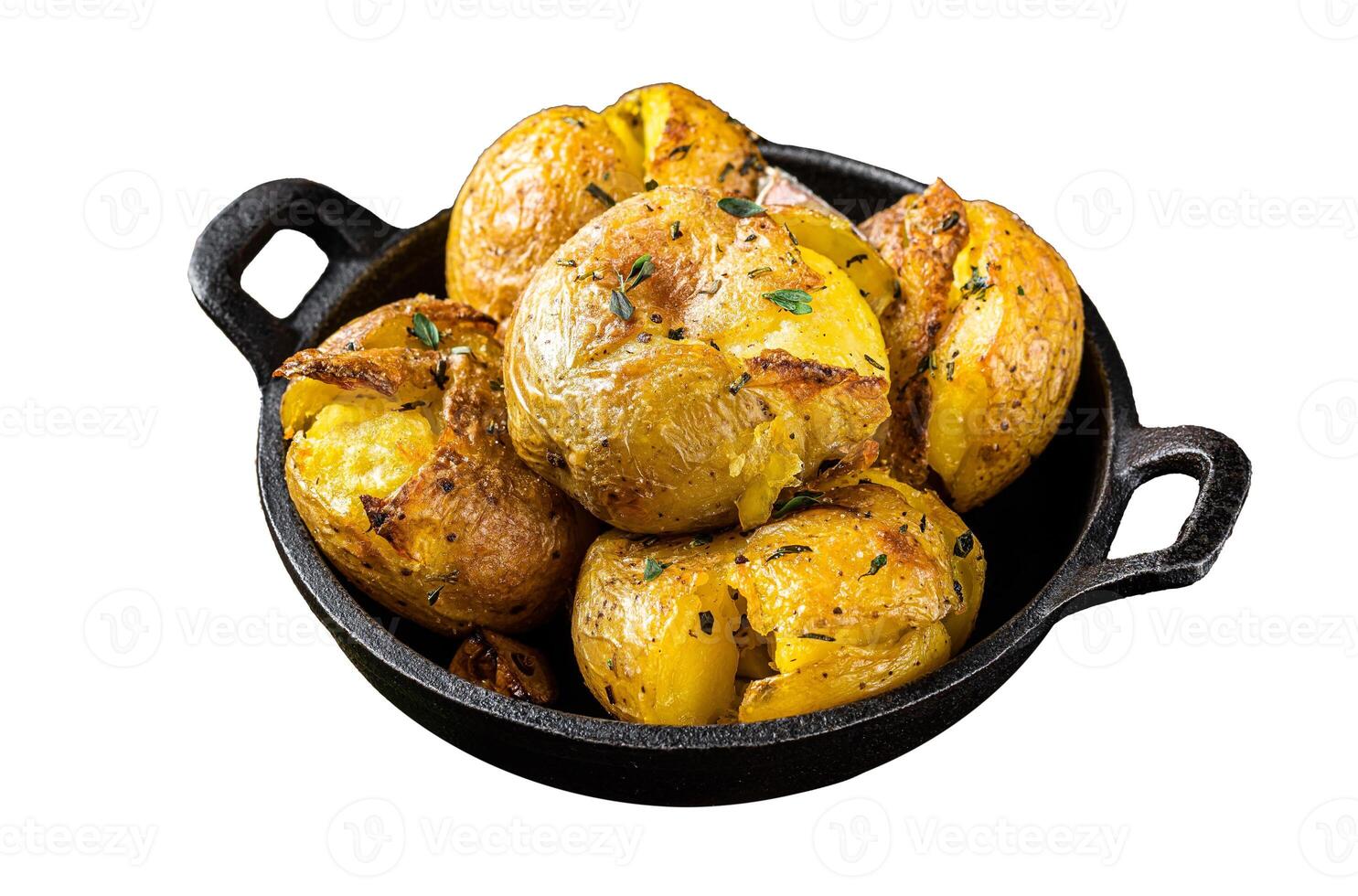 Crushed, Broken potatoes baked in oil with herbs. Isolated on white background. Top view photo