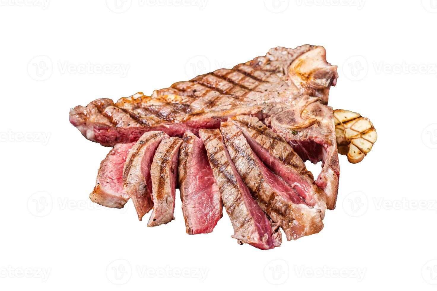 Grilled Medium rare Porterhouse, T-Bone Steak sliced in a plate. Isolated, white background. photo