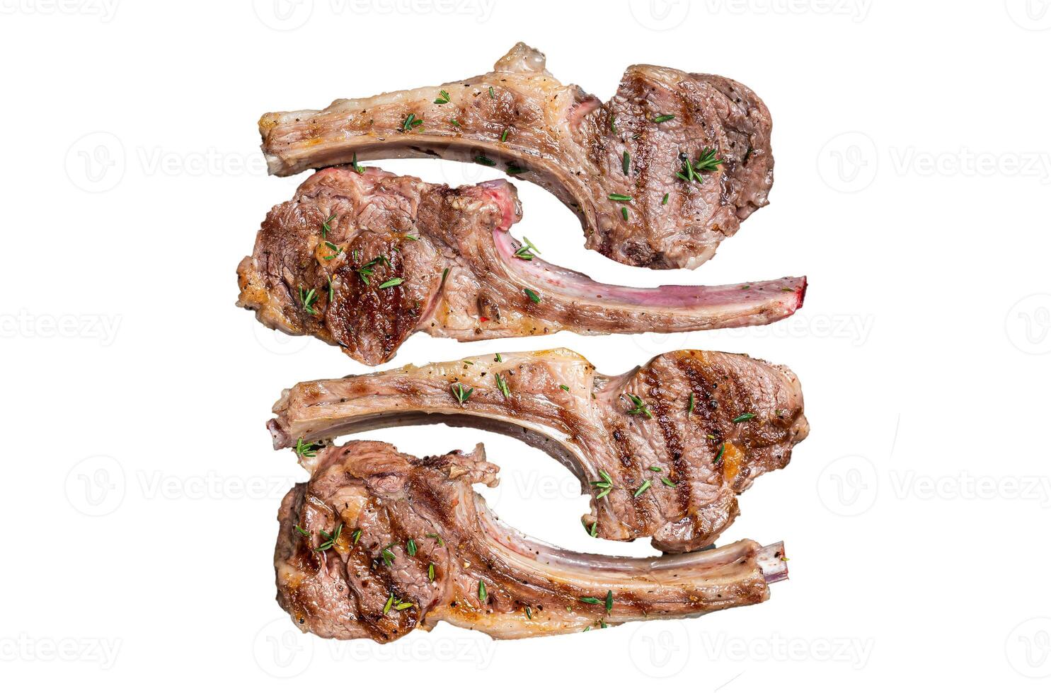 BBQ with Grilled lamb meat chops, mutton steaks with herbs. Isolated, white background. photo