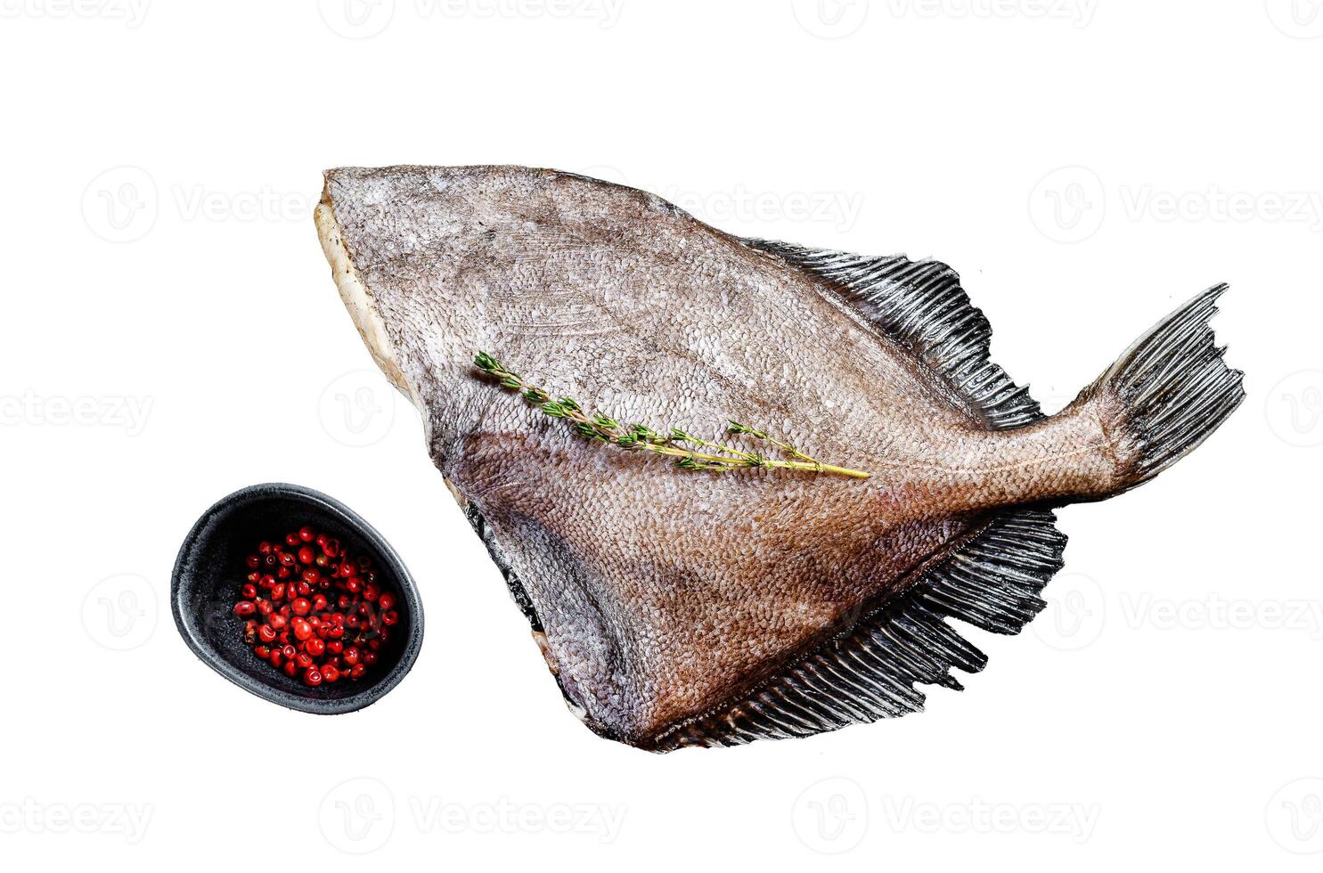 Raw fresh whole John Dory fish with spices and herbs for cooking. Isolated on white background. Top view. photo