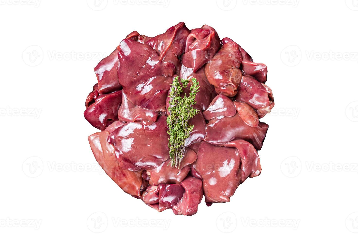 Uncooked Raw chicken liver, poultry offals in steel plate. Isolated, white background. photo